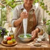 Preparación de Cremas con Batidora Kiwi Batidora de brazo Kiwi 200W triturando ingredientes frescos en una cocina rústica, ideal para purés, cremas y recetas saludables.