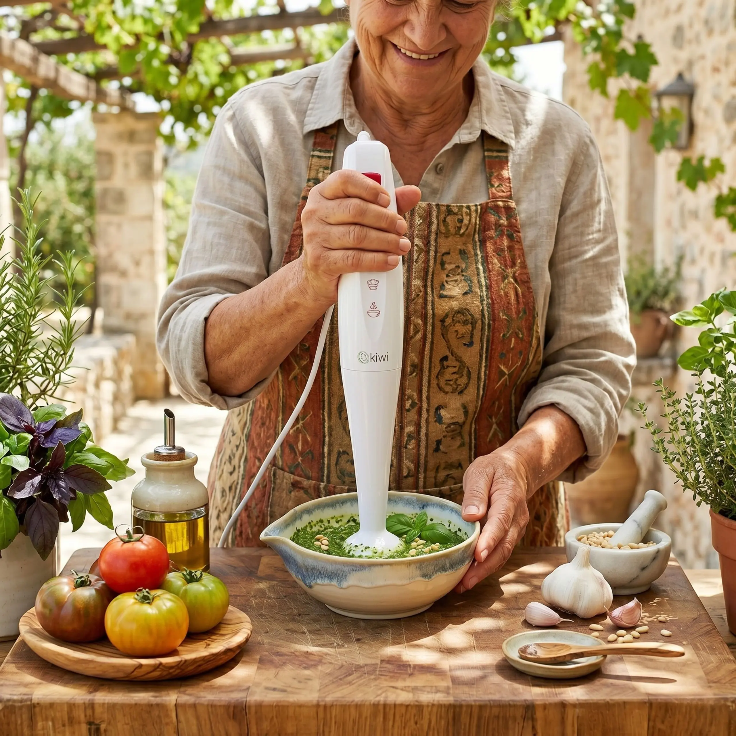 Preparación de Cremas con Batidora Kiwi Batidora de brazo Kiwi 200W triturando ingredientes frescos en una cocina rústica, ideal para purés, cremas y recetas saludables.