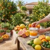 Exprimidor eléctrico en una mesa de madera exterior rodeado de naranjas, limones y pomelos frescos con árboles cítricos de fondo.