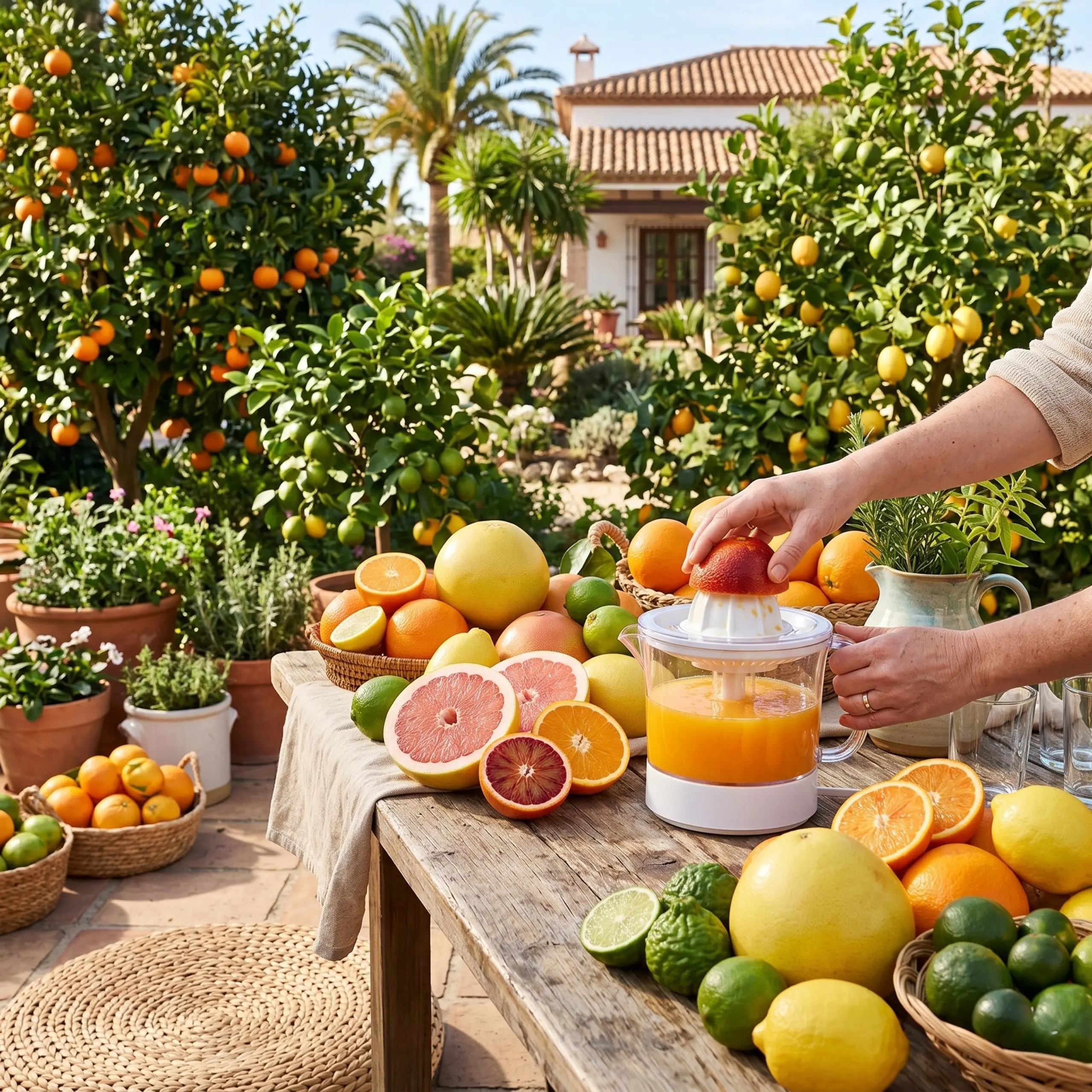 Exprimidor eléctrico en una mesa de madera exterior rodeado de naranjas, limones y pomelos frescos con árboles cítricos de fondo.