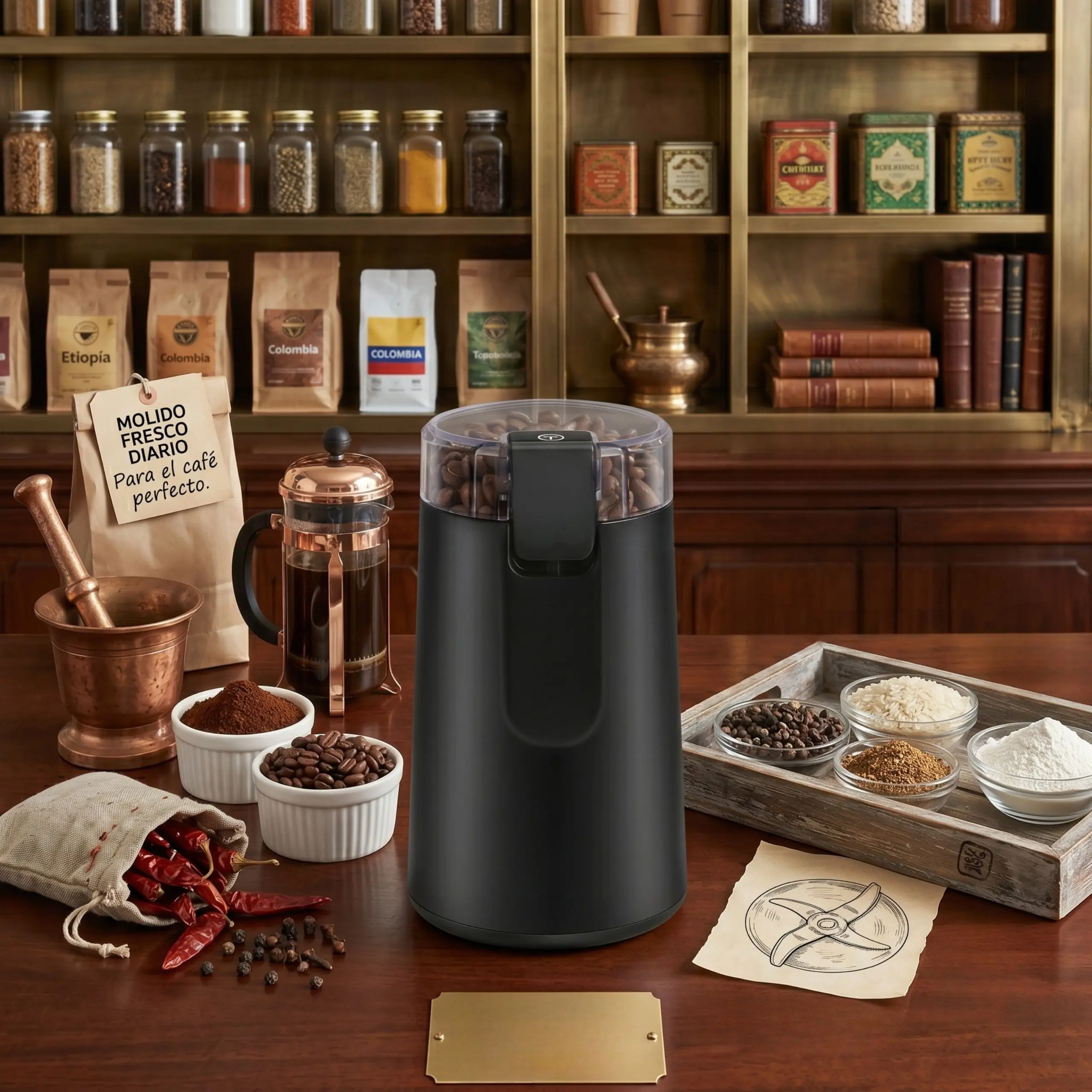 Molinillo de café integrado en una decoración de cocina con una prensa francesa y bolsas de café de origen, ideal para molienda fresca diaria.