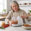 Mujer preparando una salsa saludable con mini picadora eléctrica profesional fácil de limpiar y usar.