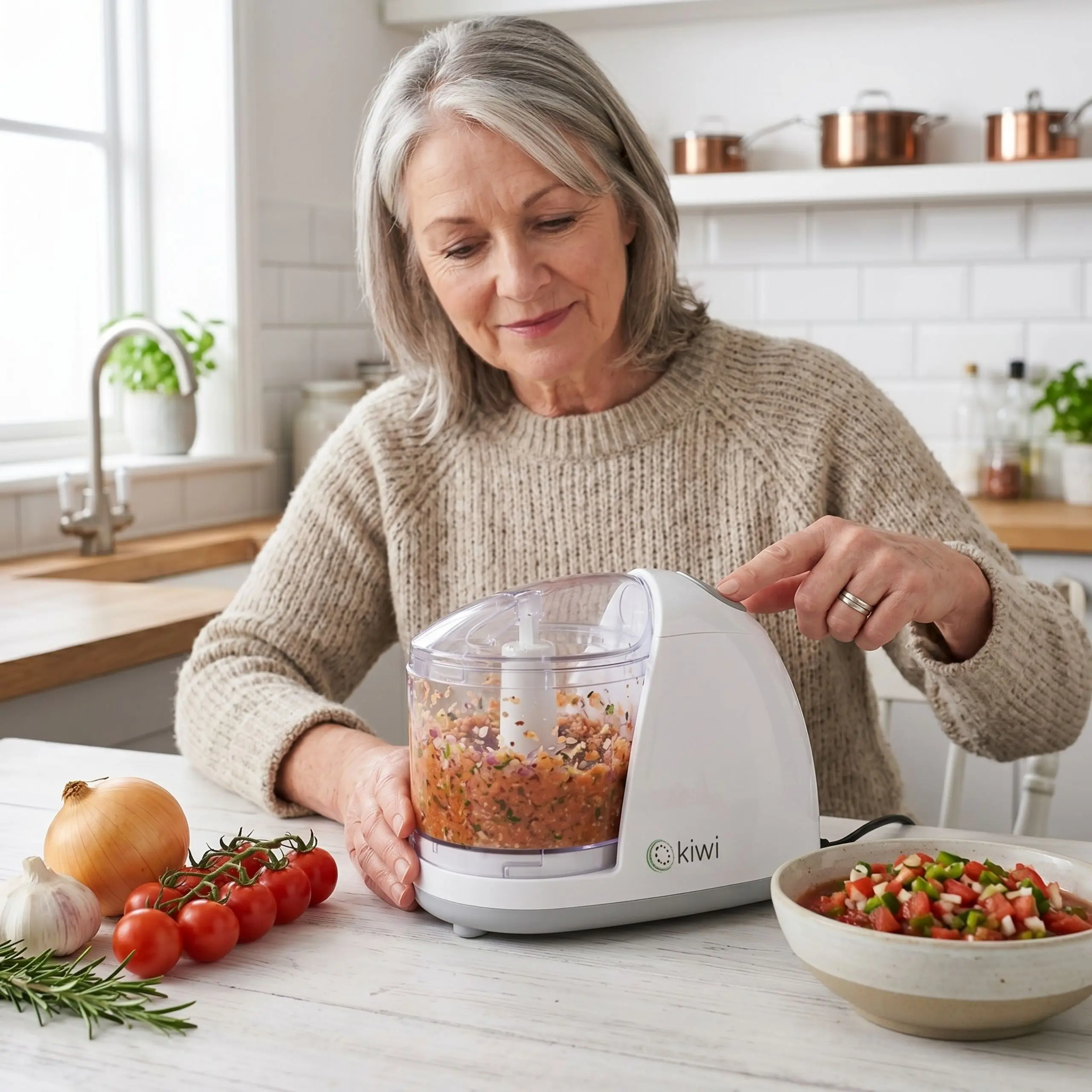 Mujer preparando una salsa saludable con mini picadora eléctrica profesional fácil de limpiar y usar.