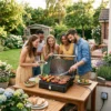 Plancha eléctrica para barbacoa exterior Grupo de amigos disfrutando de una barbacoa con la parrilla eléctrica profesional de 1500W abierta a 180 grados cocinando salchichas y brochetas.