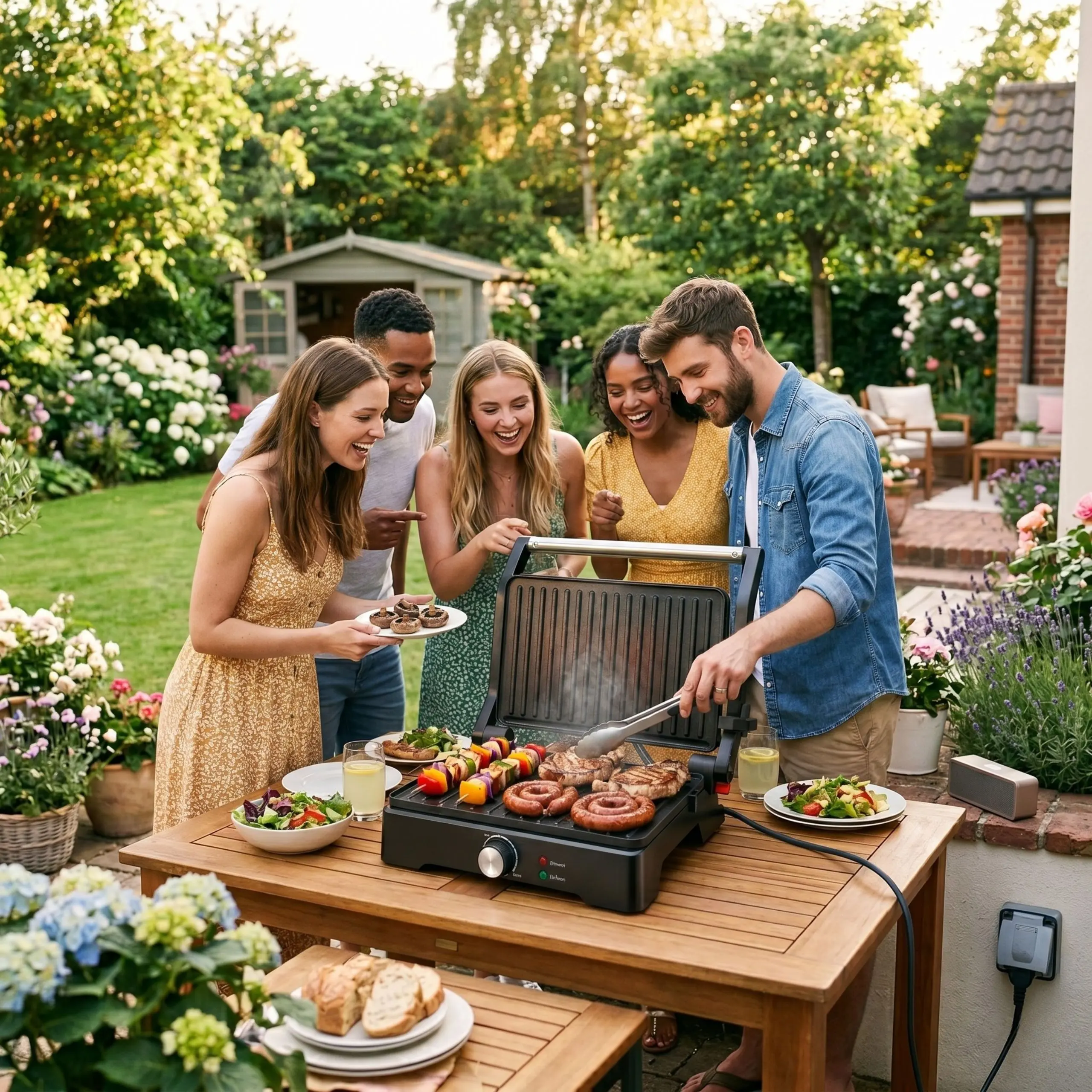 Plancha eléctrica para barbacoa exterior Grupo de amigos disfrutando de una barbacoa con la parrilla eléctrica profesional de 1500W abierta a 180 grados cocinando salchichas y brochetas.