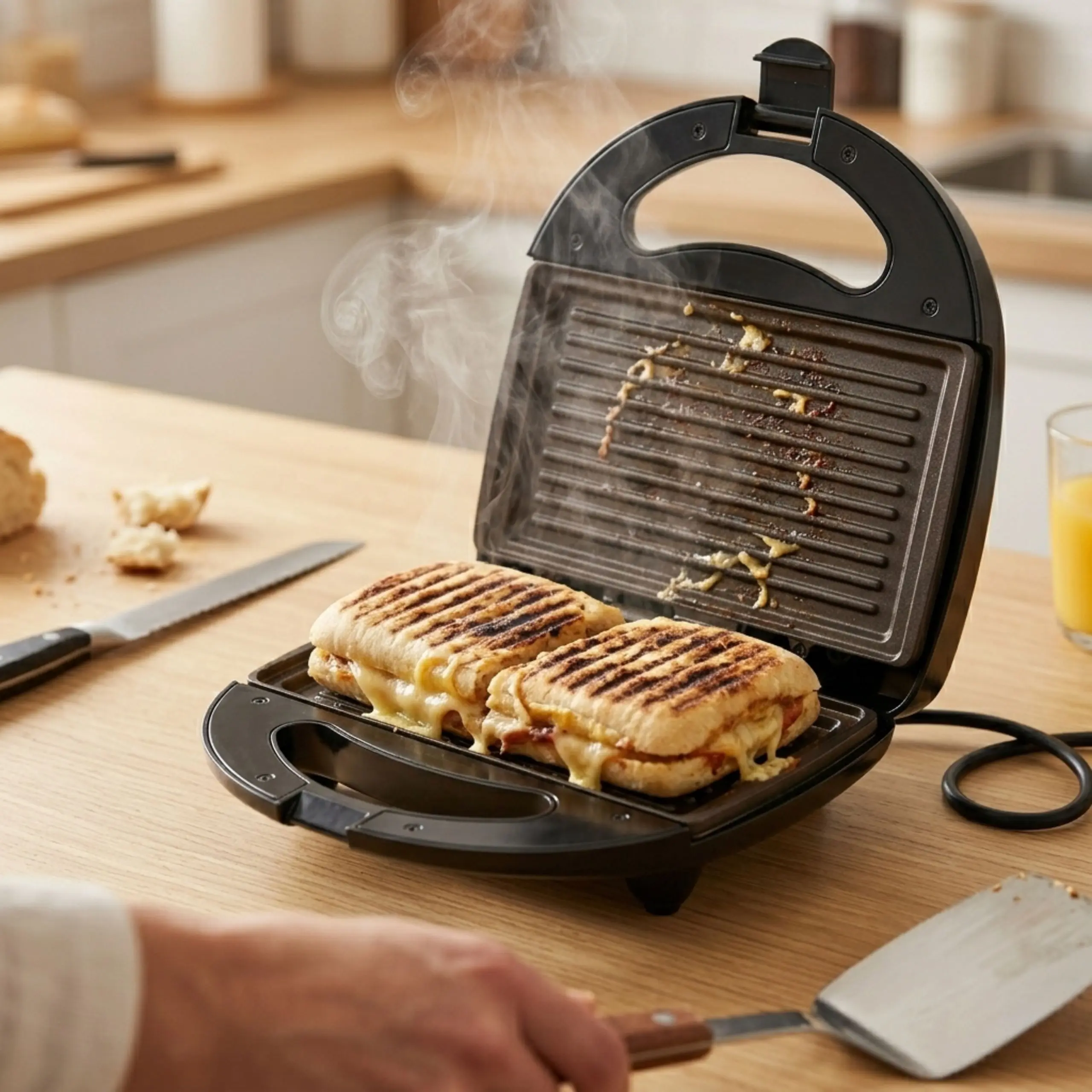 Dos sándwiches tipo panini cocinándose uniformemente en las placas antiadherentes de 750W de la sandwichera eléctrica DVTech.