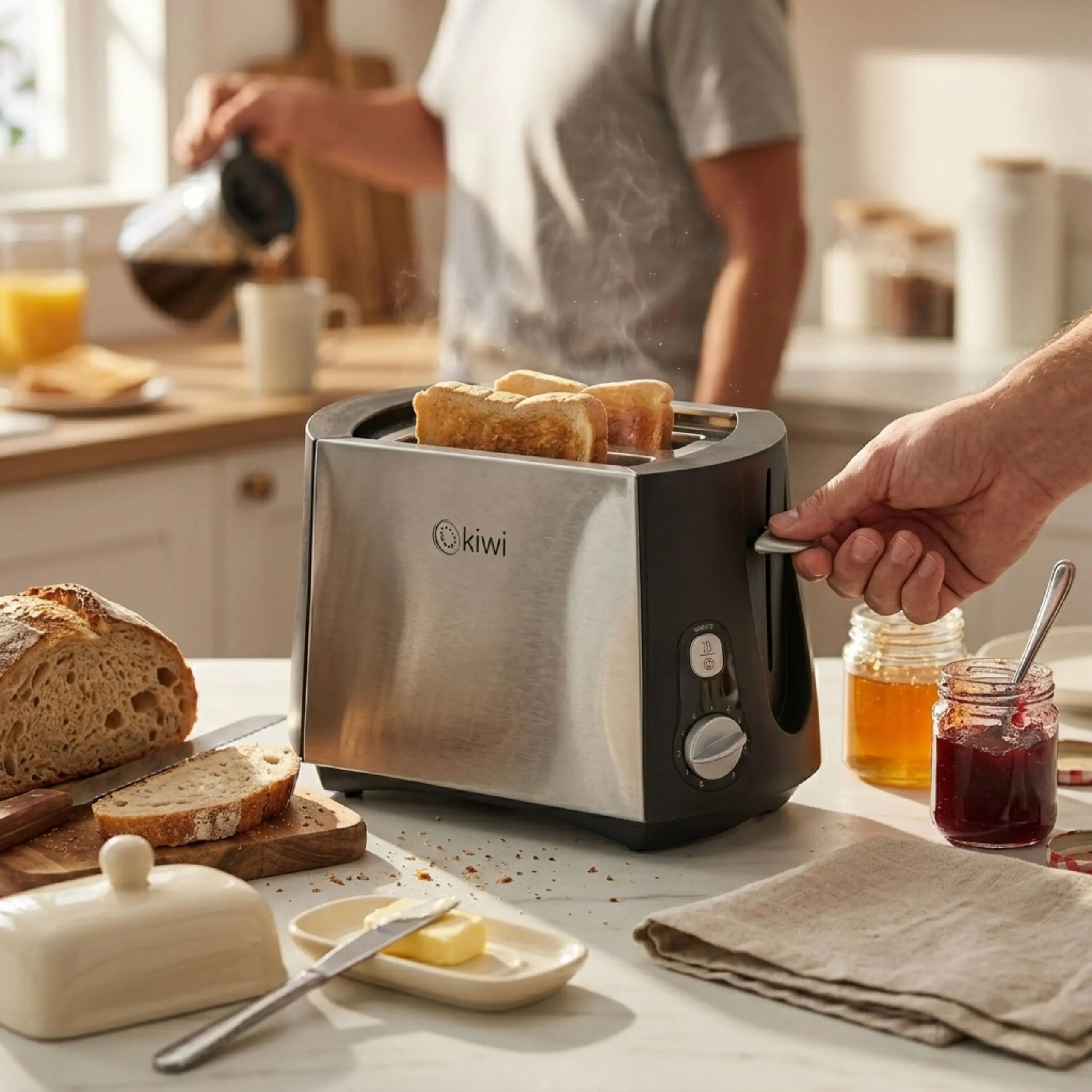 Tostadora Kiwi – Ideal para Pan Grueso Primer plano de la tostadora calidad-precio marca Kiwi en acabado cromo, mostrando su capacidad para tostar pan artesanal grueso cortado a mano, con una persona sirviendo café al fondo.