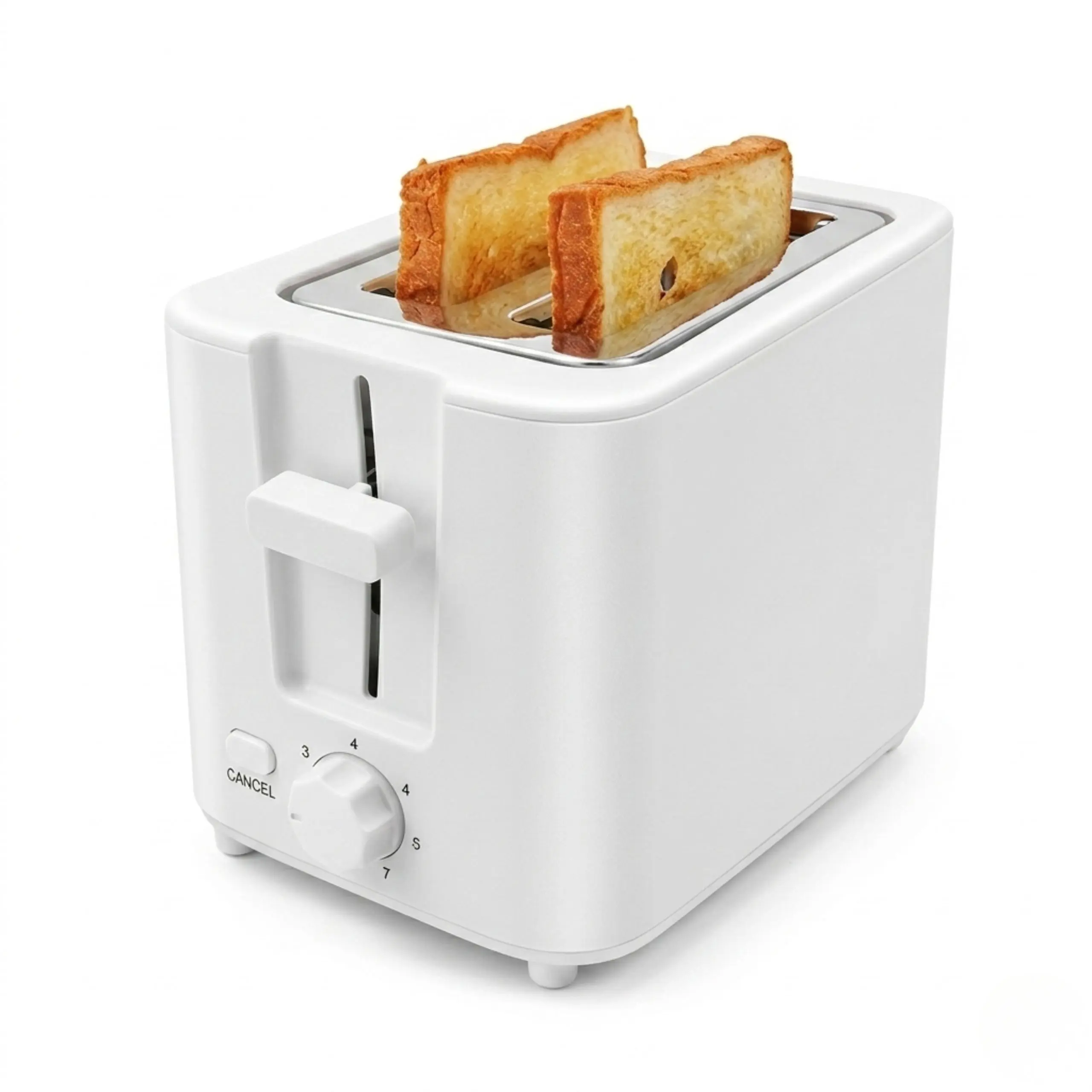 Tostadora Blanca CT-818 Mejor Calidad Precio Vista en ángulo de la tostadora blanca de 2 ranuras CT-818 sobre fondo blanco, con dos rebanadas de pan de molde doradas y listas.