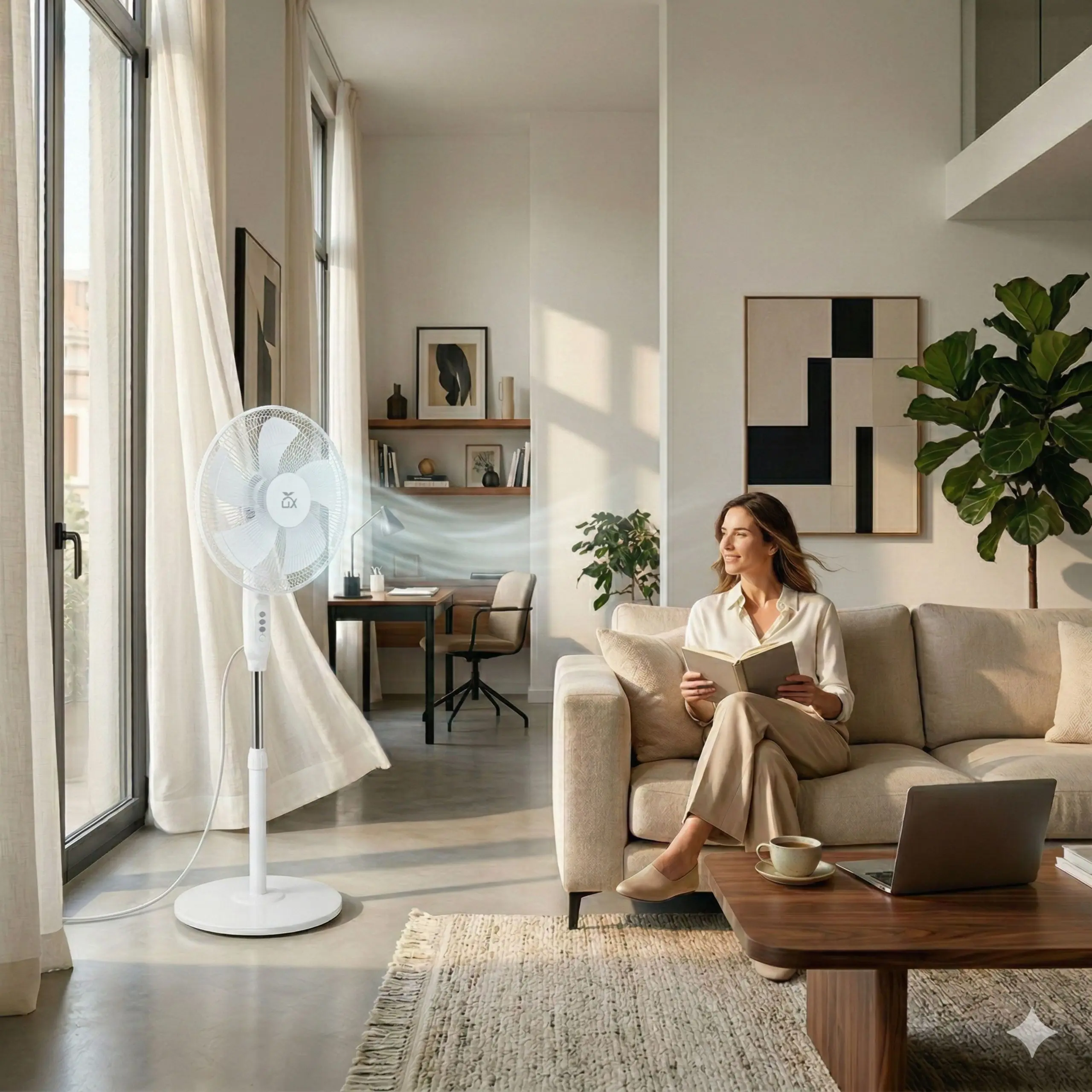 Confort en el hogar con Ventilador de 5 Aspas Mujer relajada leyendo en un sofá con la brisa de un ventilador de pie de 5 aspas en un salón luminoso y moderno.