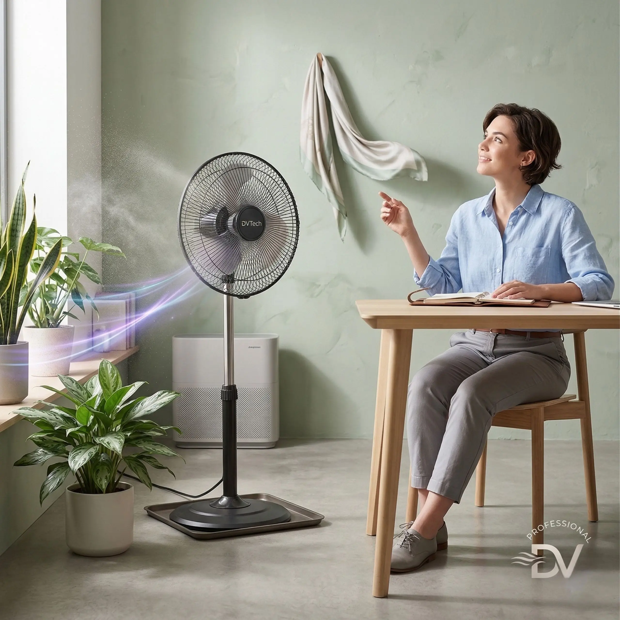 Ventilador Silencioso para Teletrabajo Mujer trabajando en un escritorio con un ventilador DVTech que emite una brisa fresca y constante, ideal para concentrarse sin ruido.