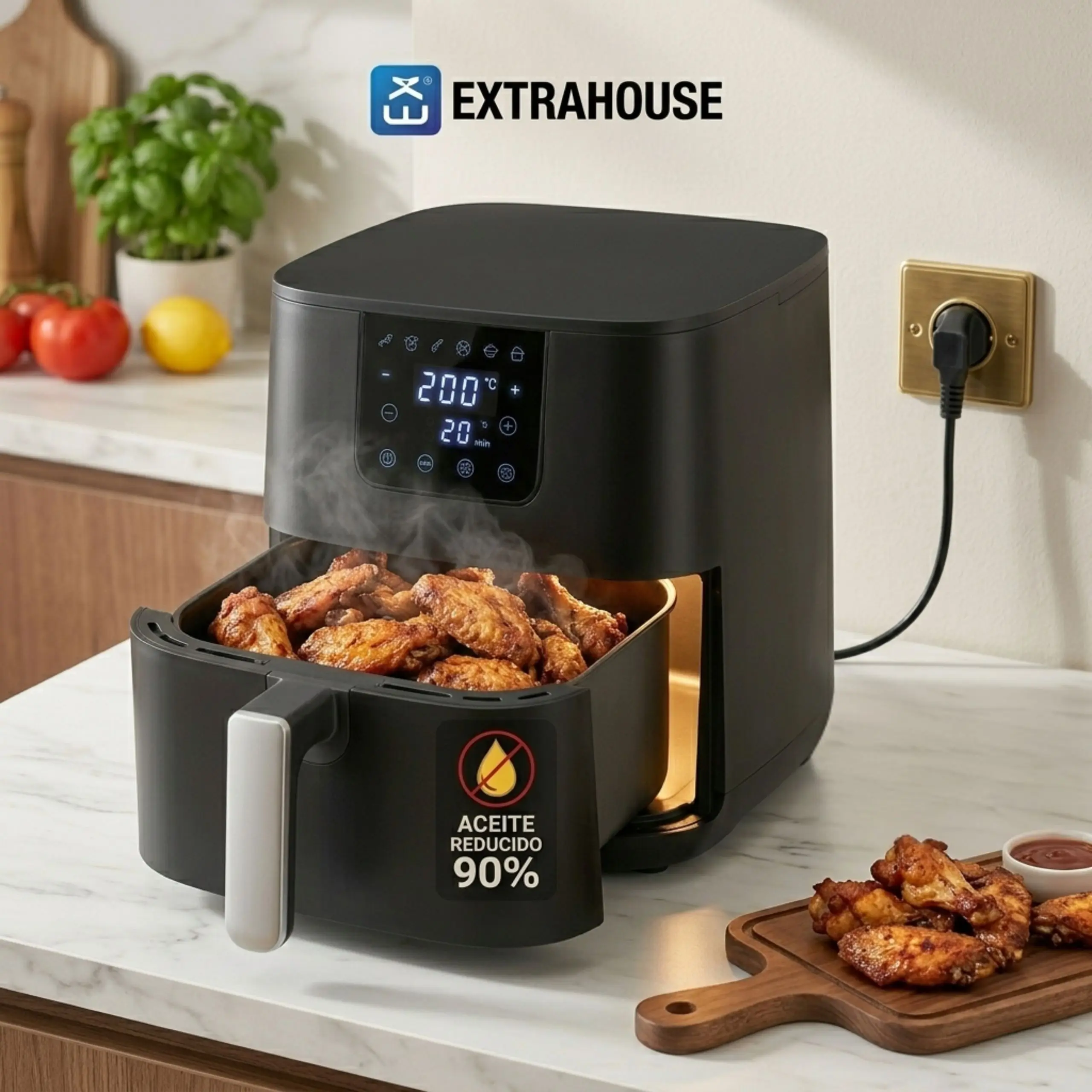 Primer plano de alitas de pollo recién hechas en la freidora Extrahouse con vapor saliendo de la cesta y sello de 90 por ciento menos aceite.