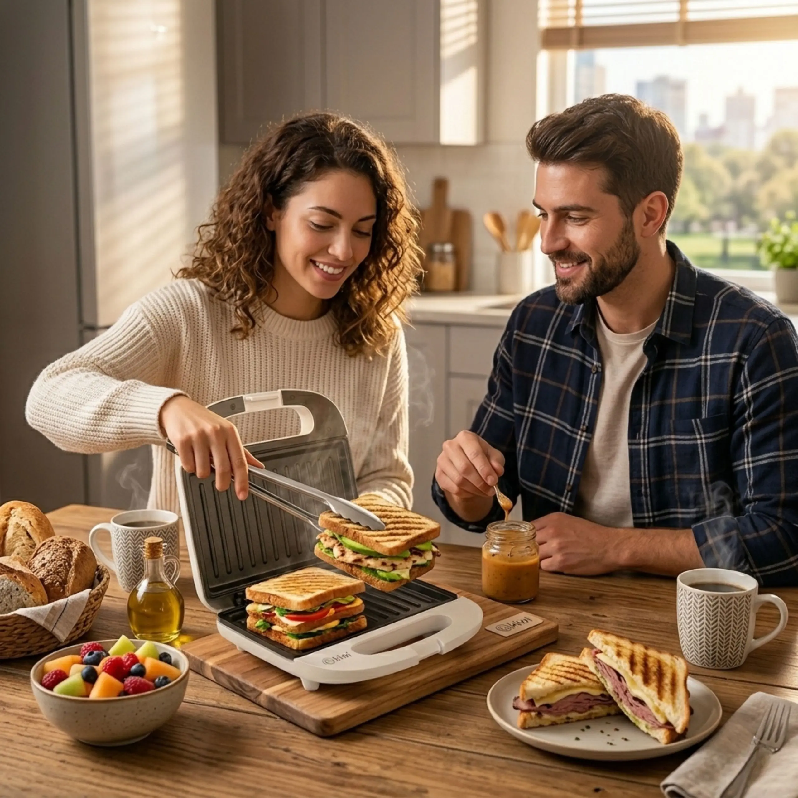 Uso de Sándwichera en el Hogar Pareja preparando sándwiches gourmet crujientes con una sandwichera eléctrica de placas tipo grill en una cocina moderna.