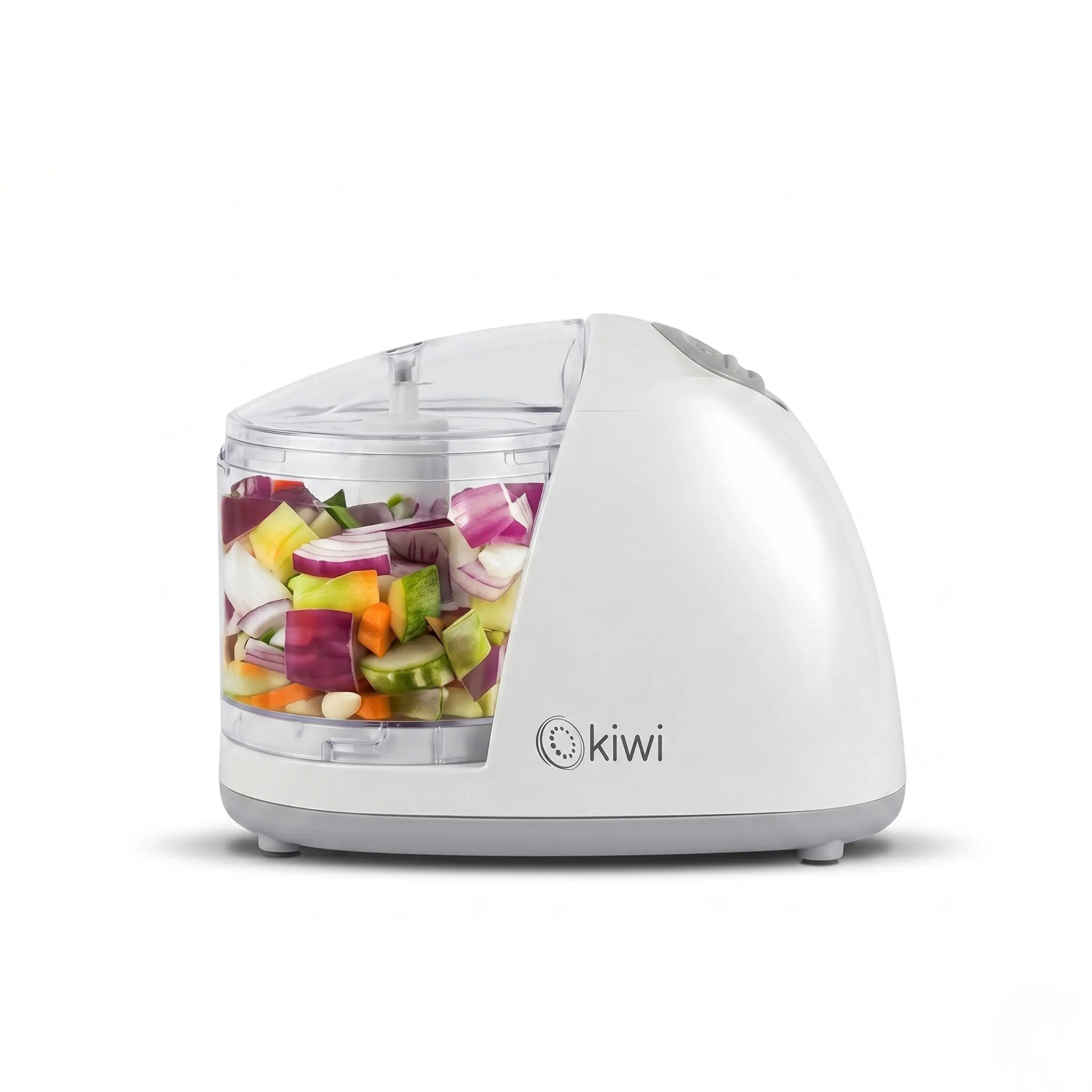 Mini picadora de alimentos eléctrica de 350ml blanca con verduras picadas, ideal para raciones individuales.