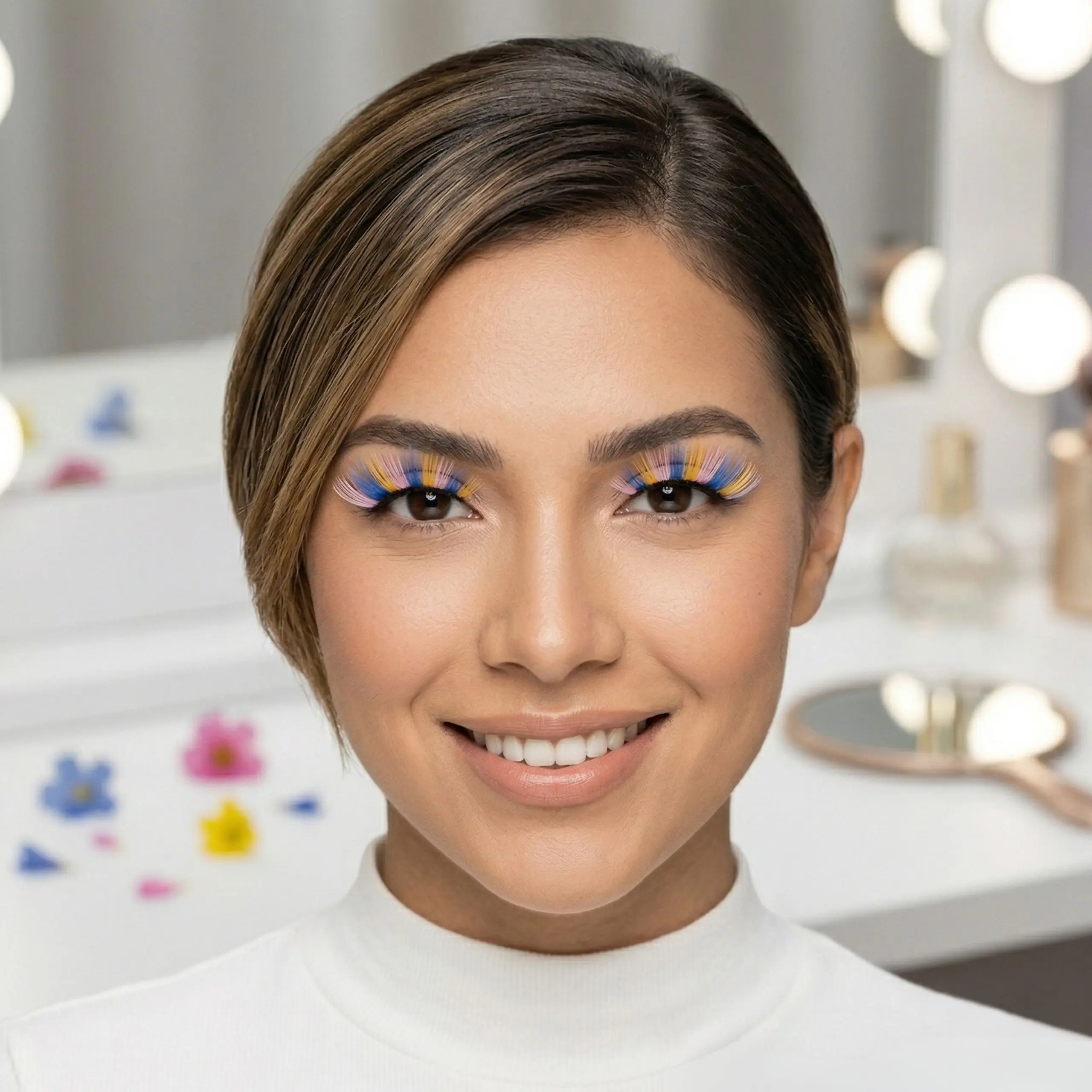 Look Final con Pestañas Impactantes Retrato de mujer sonriendo con un maquillaje de ojos creativo usando pestañas postizas de colores azul, amarillo y rosa.