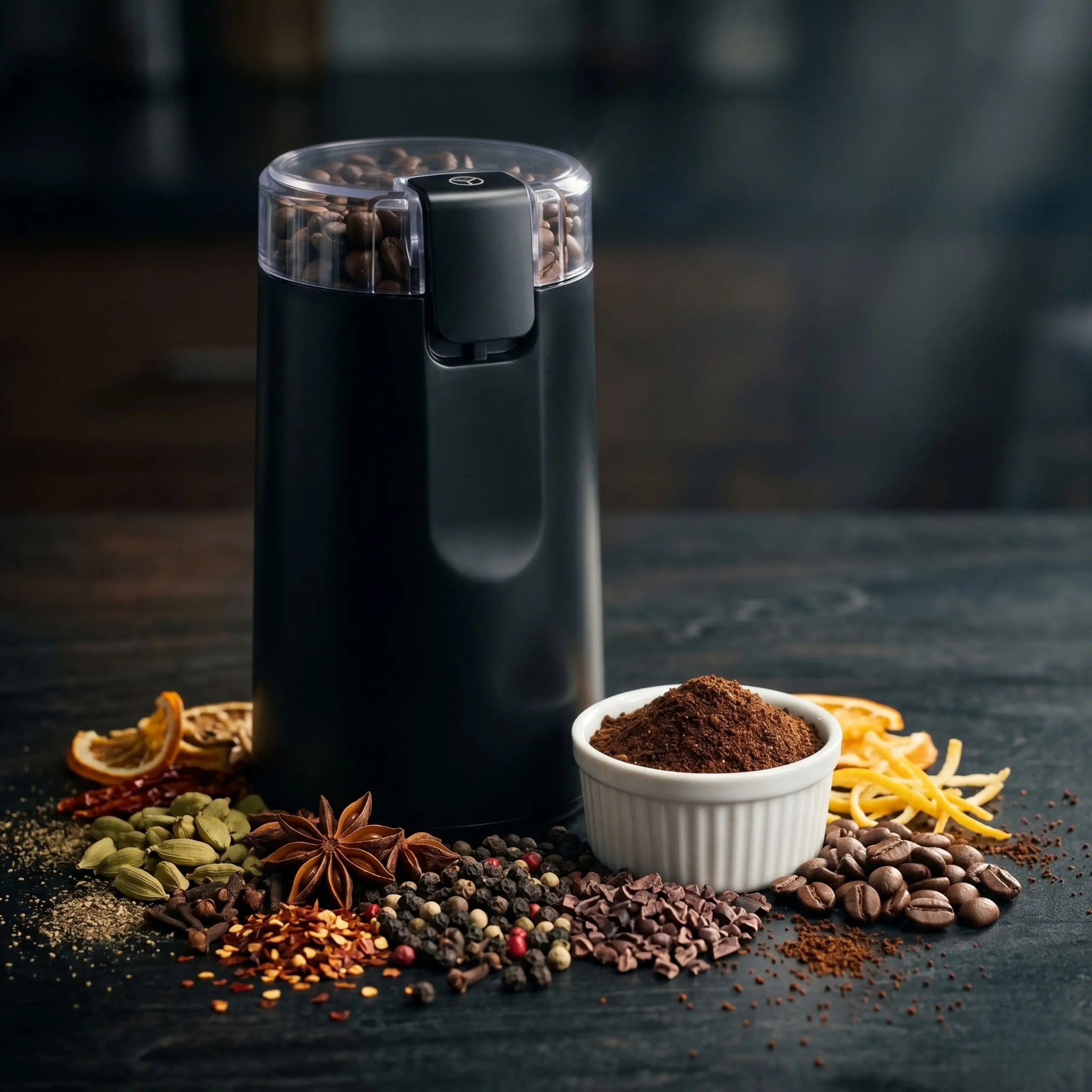 Molinillo eléctrico multifunción rodeado de pimienta, canela, cardamomo y granos de café, demostrando su versatilidad para condimentos.