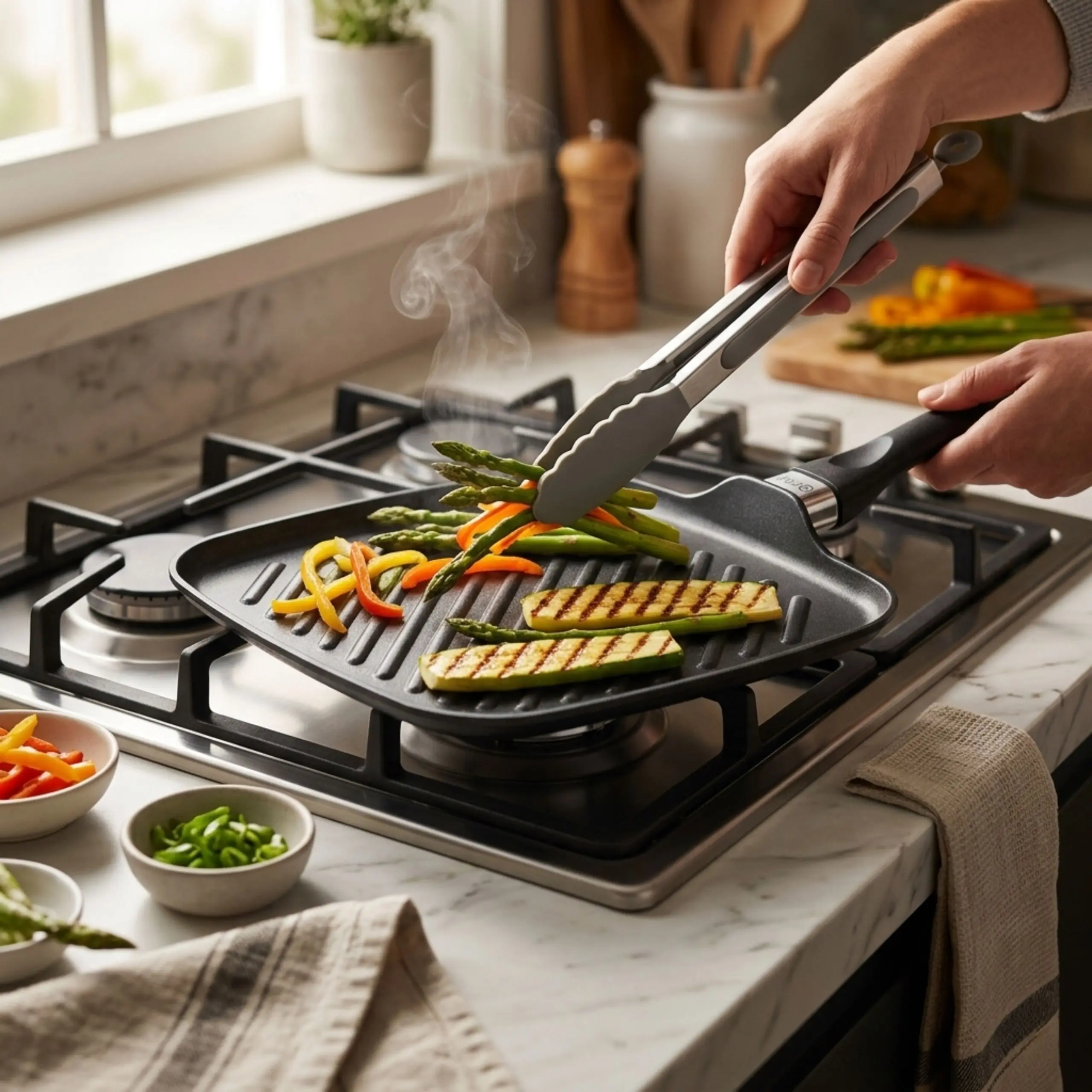Verduras asadas en sartén grill antiadherente sobre cocina de gas, ideal para una alimentación saludable con poco aceite.