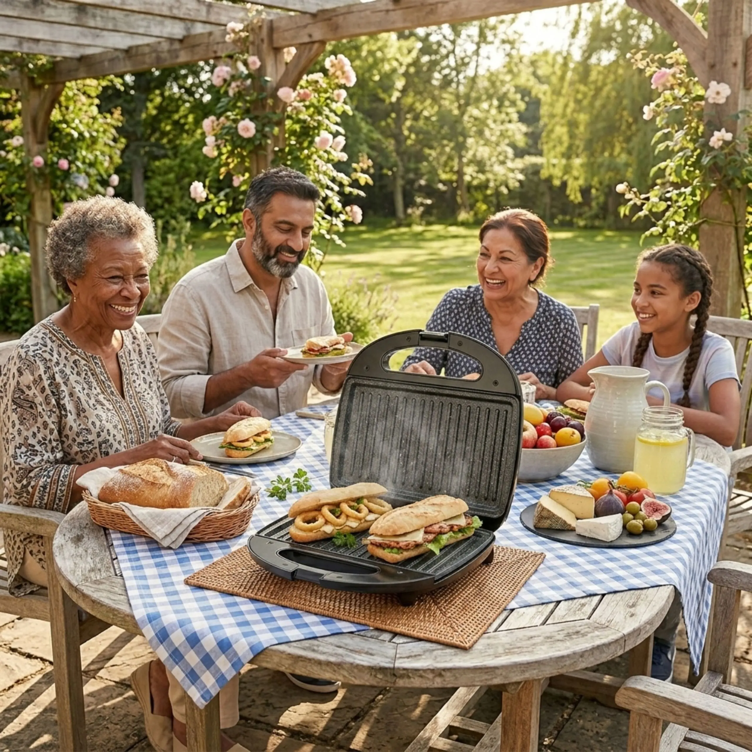 Personas compartiendo un desayuno con sanduches calientes preparados en una parrilla eléctrica portátil en una mesa de jardín.