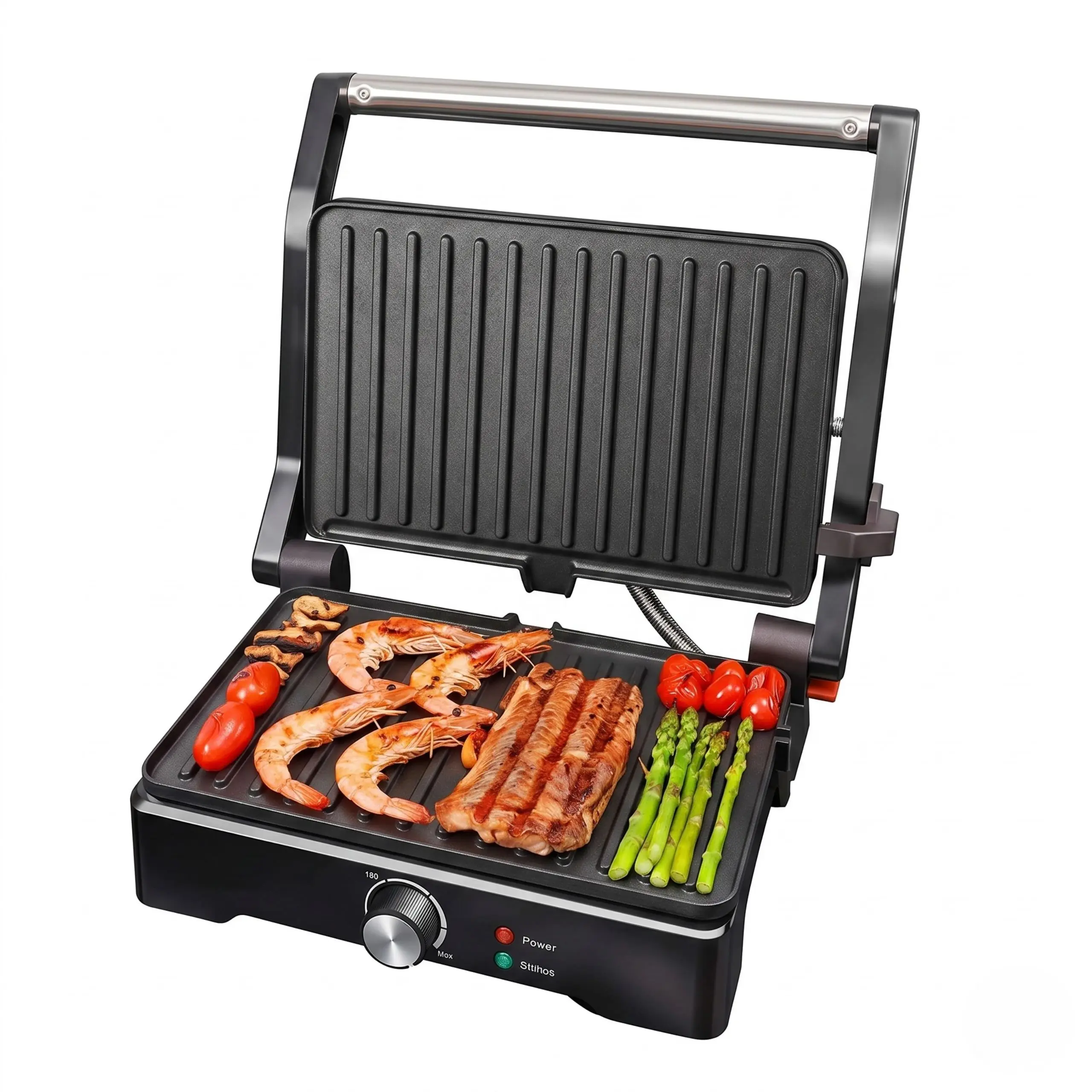 Plancha Eléctrica Profesional NJK308AM Parrilla eléctrica profesional de 1500W abierta con langostinos, carne y espárragos, resaltando sus placas antiadherentes.