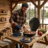 Cocina Versátil con EDM NET3606 Máquina de pizza EDM utilizada como parrilla eléctrica para asados y paninis en un ambiente de terraza de madera.