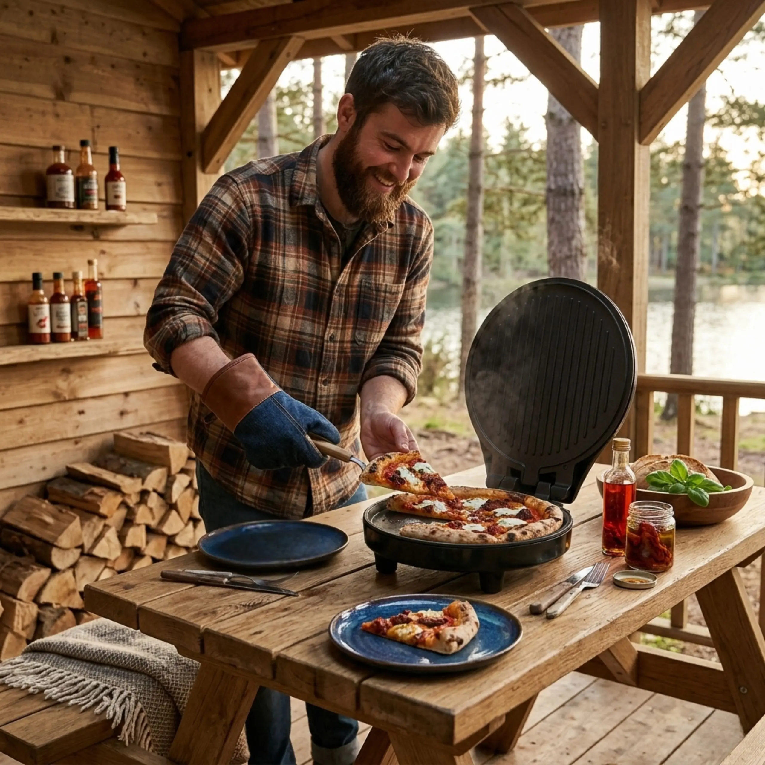 Cocina Versátil con EDM NET3606 Máquina de pizza EDM utilizada como parrilla eléctrica para asados y paninis en un ambiente de terraza de madera.