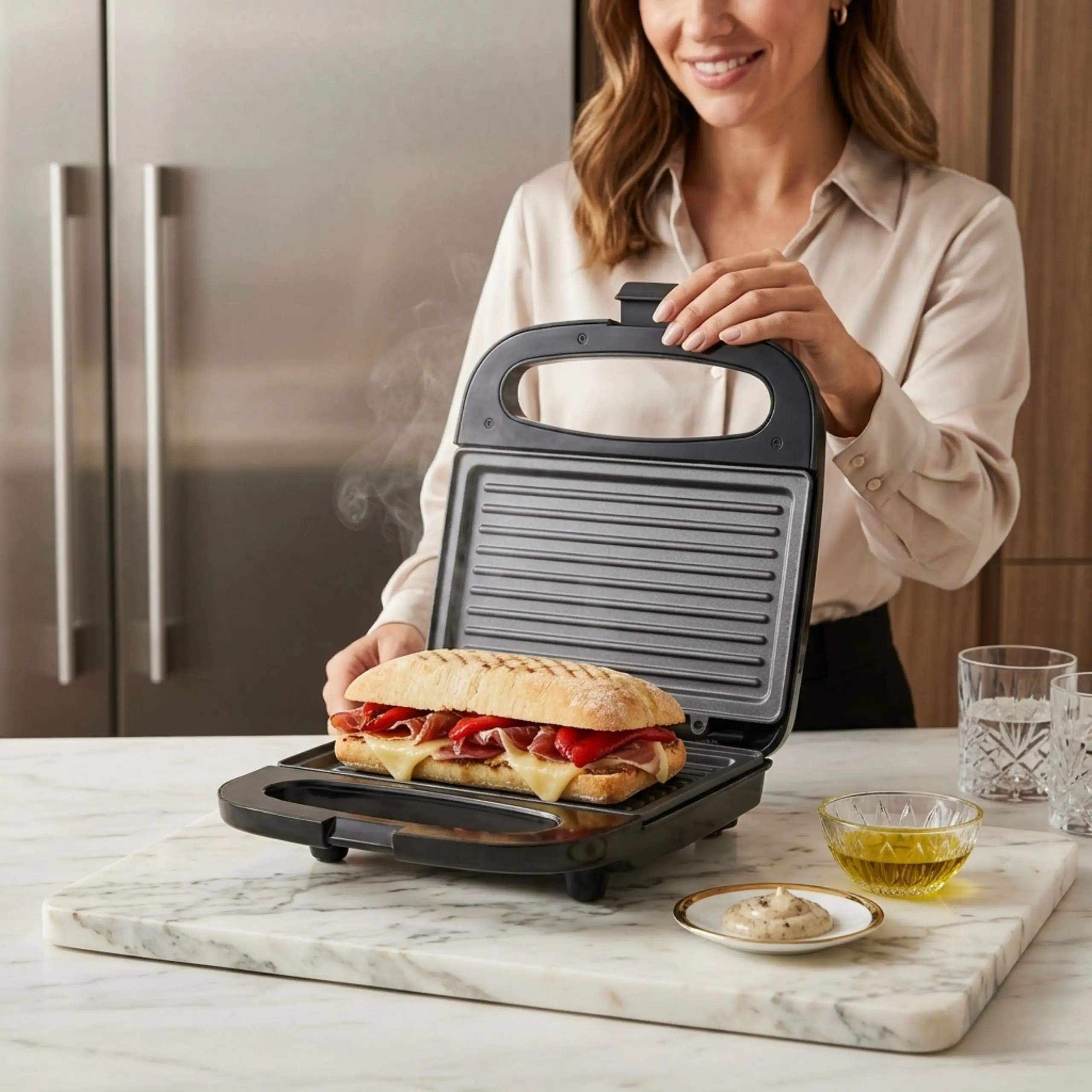 Cómo preparar un panini gourmet con grill de contacto Mujer preparando un sándwich de jamón y pimientos en una prensa de panini eléctrica en una cocina moderna.