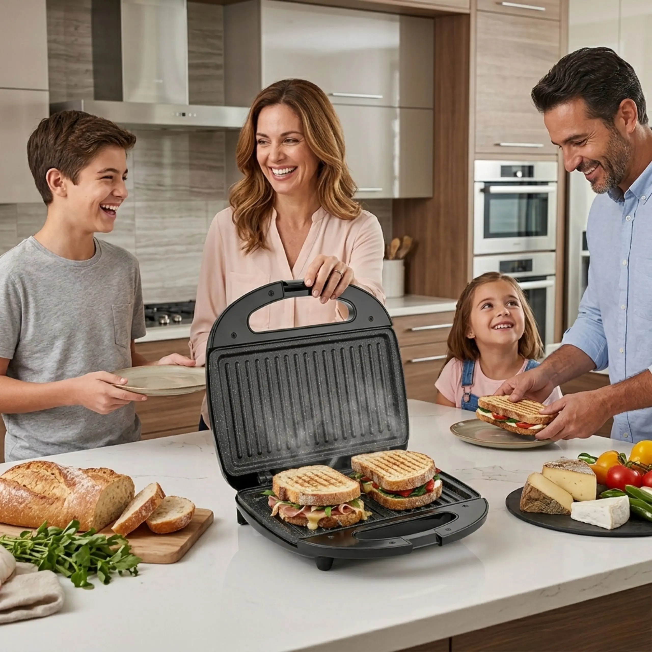 Familia feliz usando una sanduchera tipo grill para preparar paninis de jamón y queso en una cocina moderna y limpia.