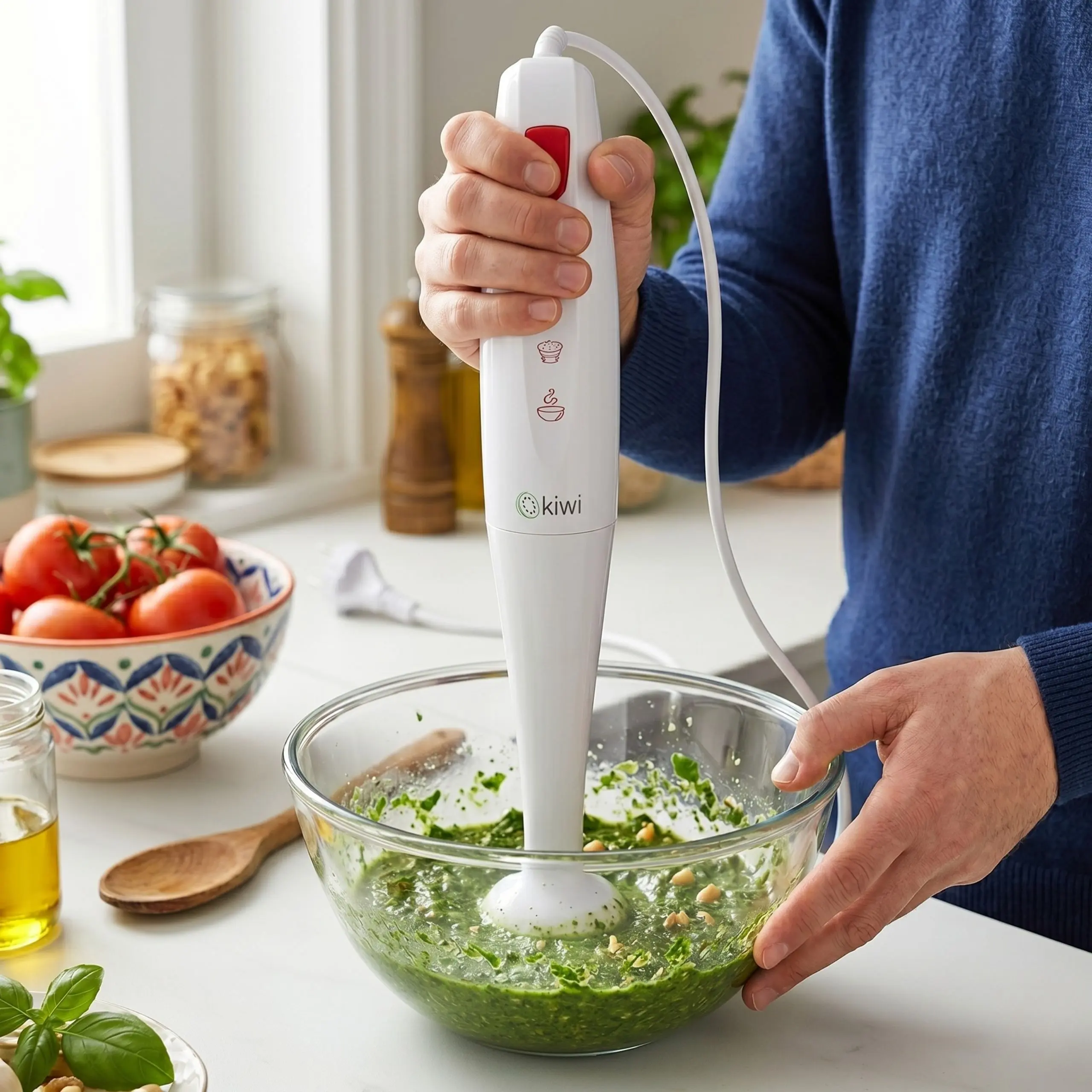 Batidora Kiwi en Acción: Salsas Caseras Persona utilizando la batidora de mano Kiwi para batir una salsa de albahaca y piñones en un bol de cristal, demostrando su facilidad de uso.