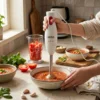 Persona usando batidora de mano Sinbo para triturar una salsa de tomate casera en un bol, ideal para recetas de cocina saludable.