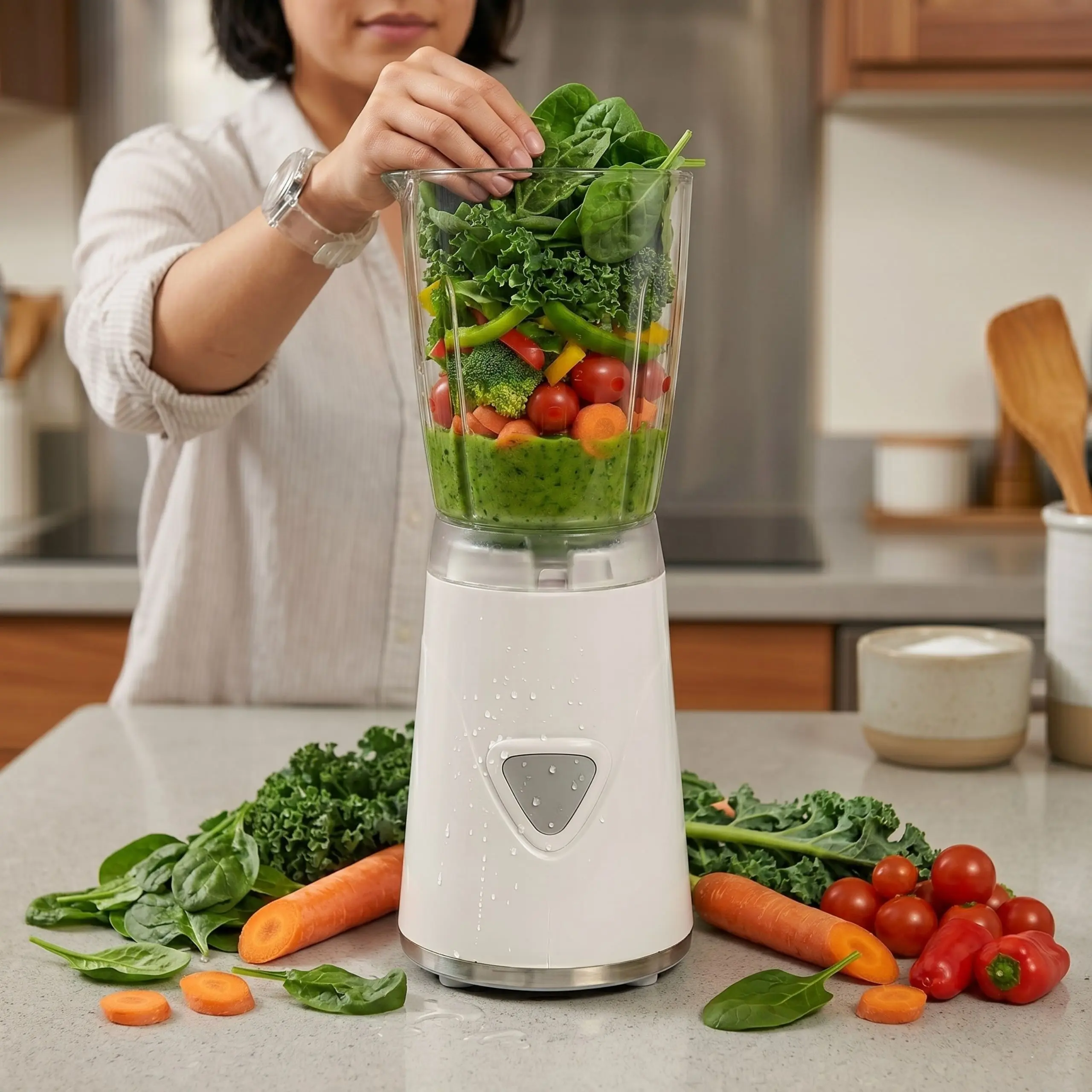 Preparación de Batidos Verdes con Vita-Blend Persona preparando un batido verde detox con espinacas, brócoli y zanahoria en una licuadora individual de vaso.