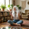 Chica con el pelo totalmente blanco usando la laca de color temporal La Fiesta en un ambiente festivo, ideal para ideas de disfraces.