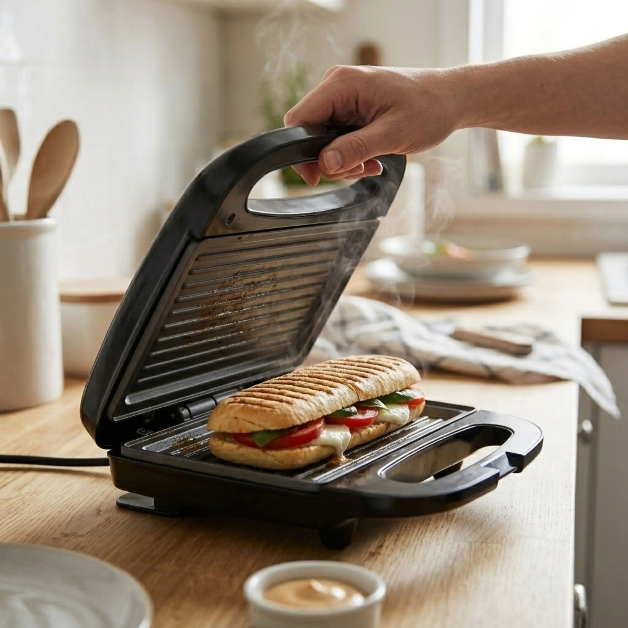 Sándwich Caprese con marcas de parrilla auténticas Detalle de sándwich caliente con vapor y marcas de grill crujientes recién hecho en la prensadora de panini profesional.
