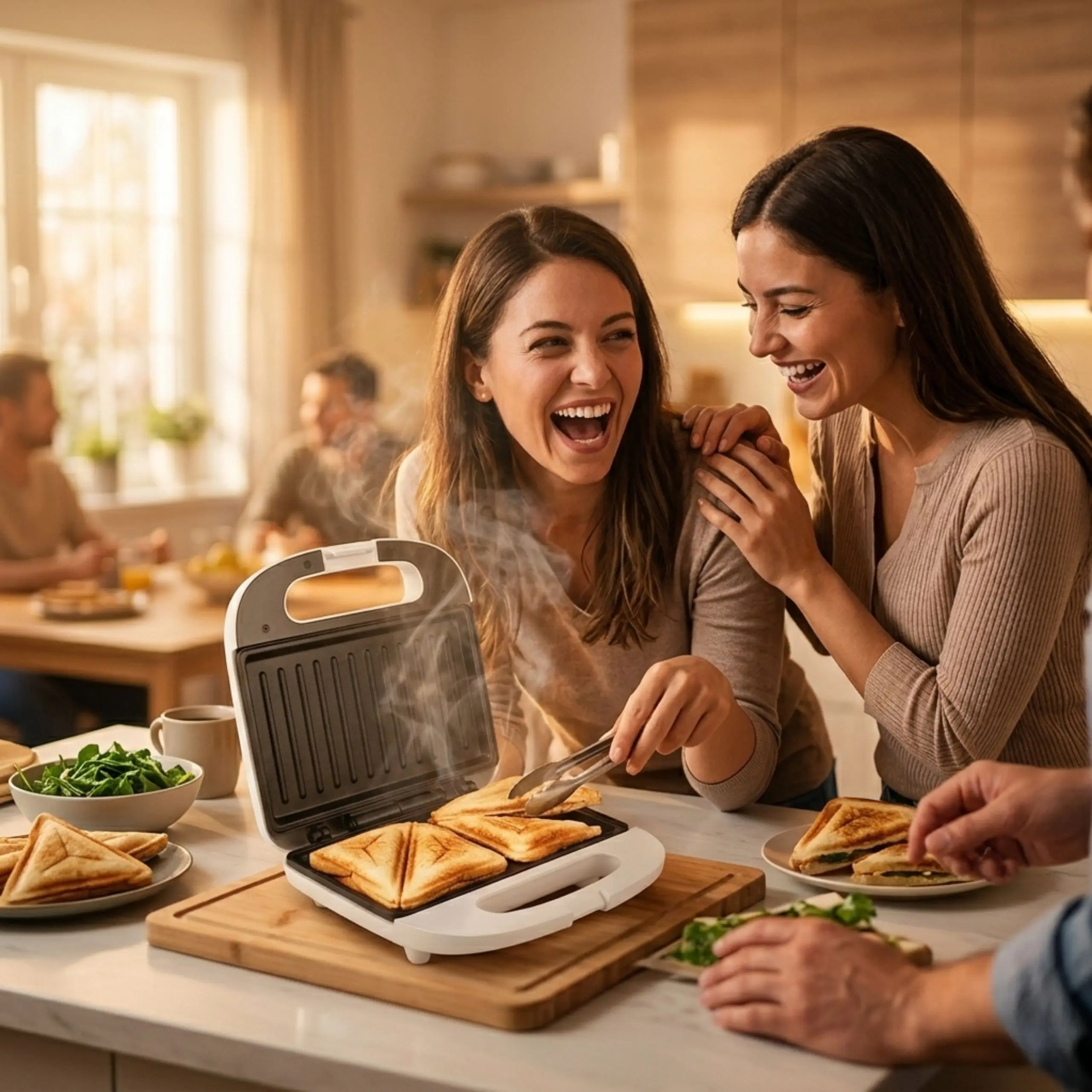 Sándwiches Crujientes para Compartir Sándwichera de 2 puestos en funcionamiento preparando sándwiches con sellado triangular para un desayuno grupal rápido y fácil.