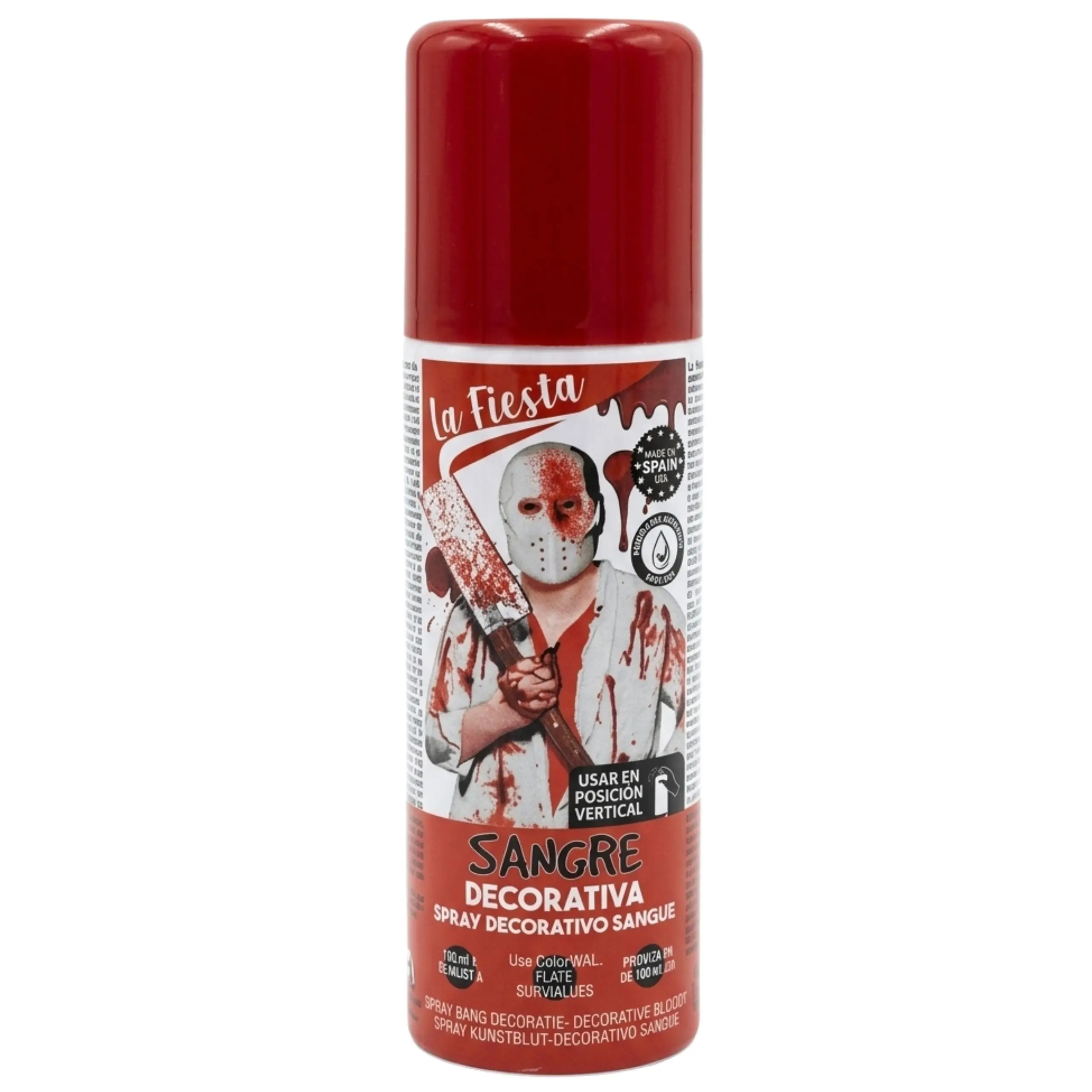 Bote de spray de sangre decorativa de 100ml marca La Fiesta con diseño de personaje de terror con máscara de hockey y manchas de sangre.