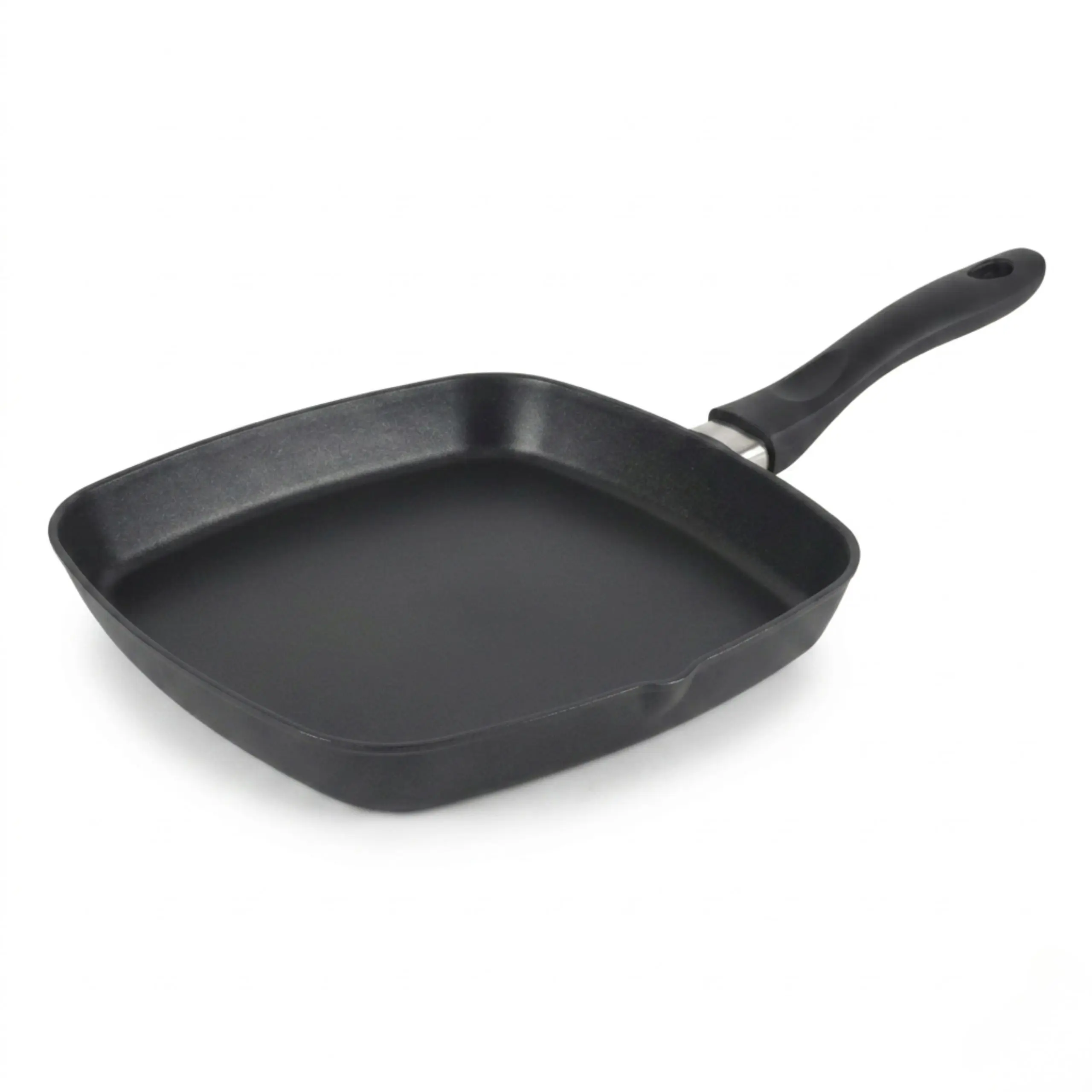 Sartén asador grill cuadrada de 28 cm con recubrimiento antiadherente negro y mango ergonómico de baquelita.