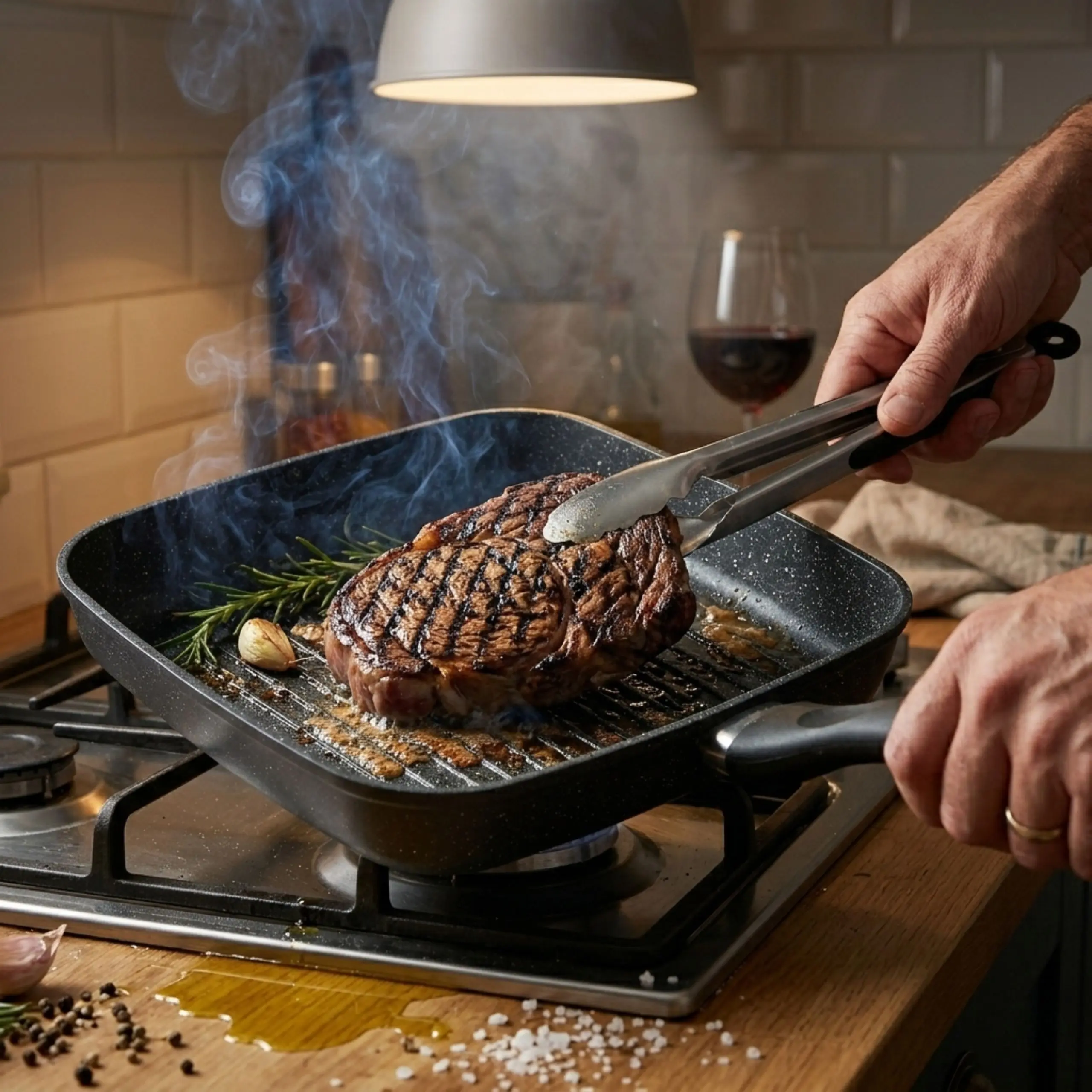 Chuletón de carne asándose en una sartén grill de aluminio forjado sobre cocina de gas, mostrando el marcado profesional y la distribución de calor.