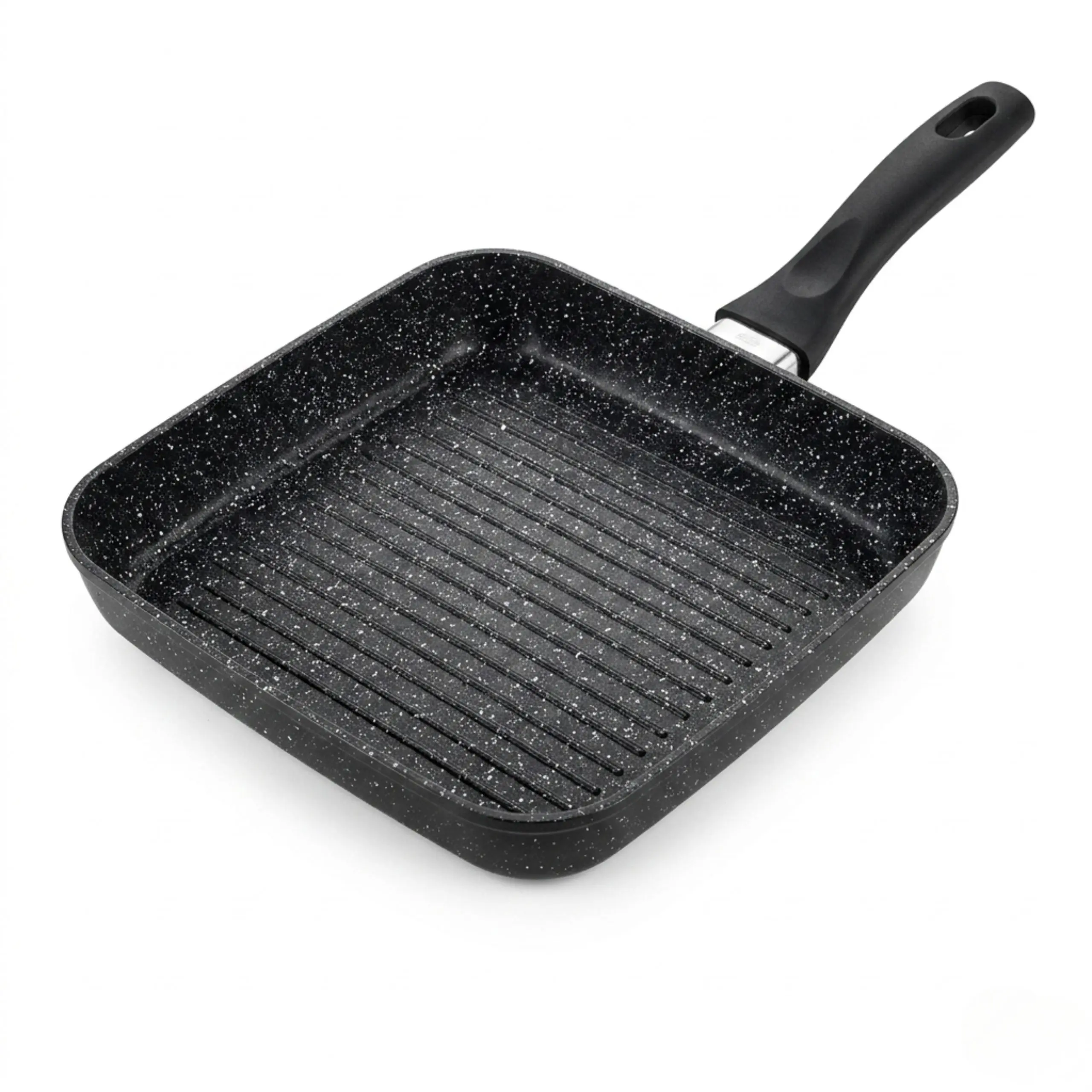 Vista general de sartén grill profesional cuadrada con recubrimiento antiadherente efecto piedra y mango negro ergonómico sobre fondo blanco.