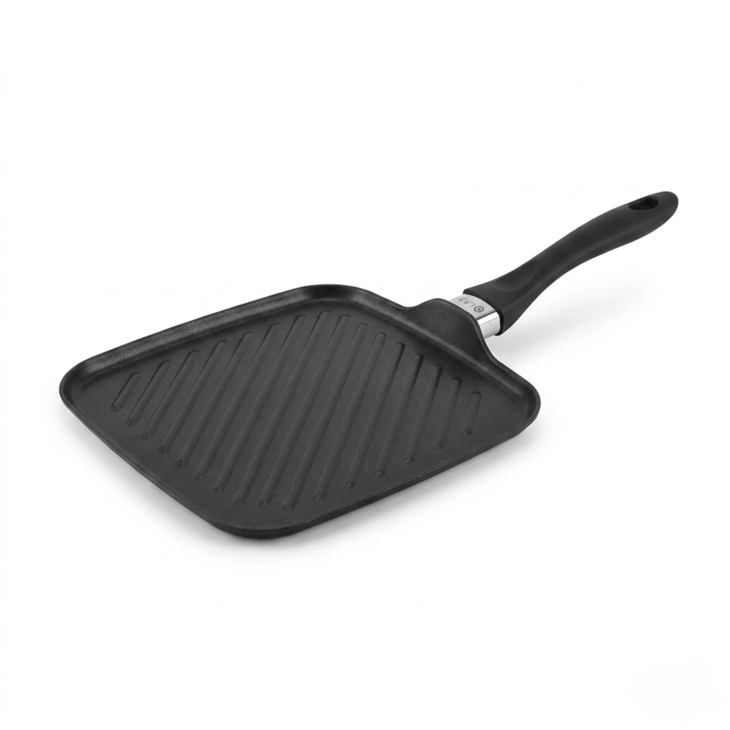 Vista general de sartén grill profesional de aluminio fundido con superficie estriada y mango ergonómico para todo tipo de cocinas.