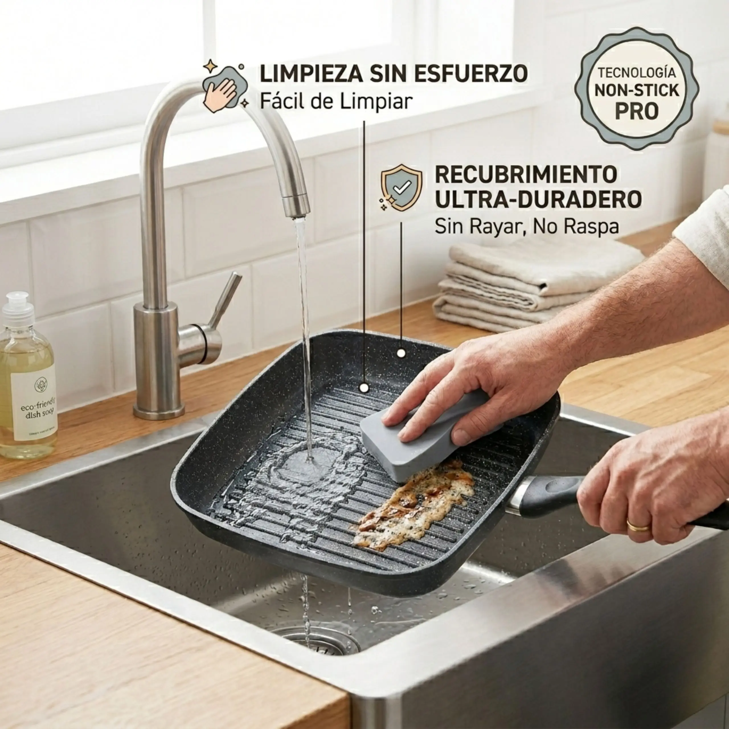 Persona limpiando una sartén grill de 27 cm con tecnología Non-Stick Pro bajo el agua, resaltando su recubrimiento ultra-duradero efecto piedra.