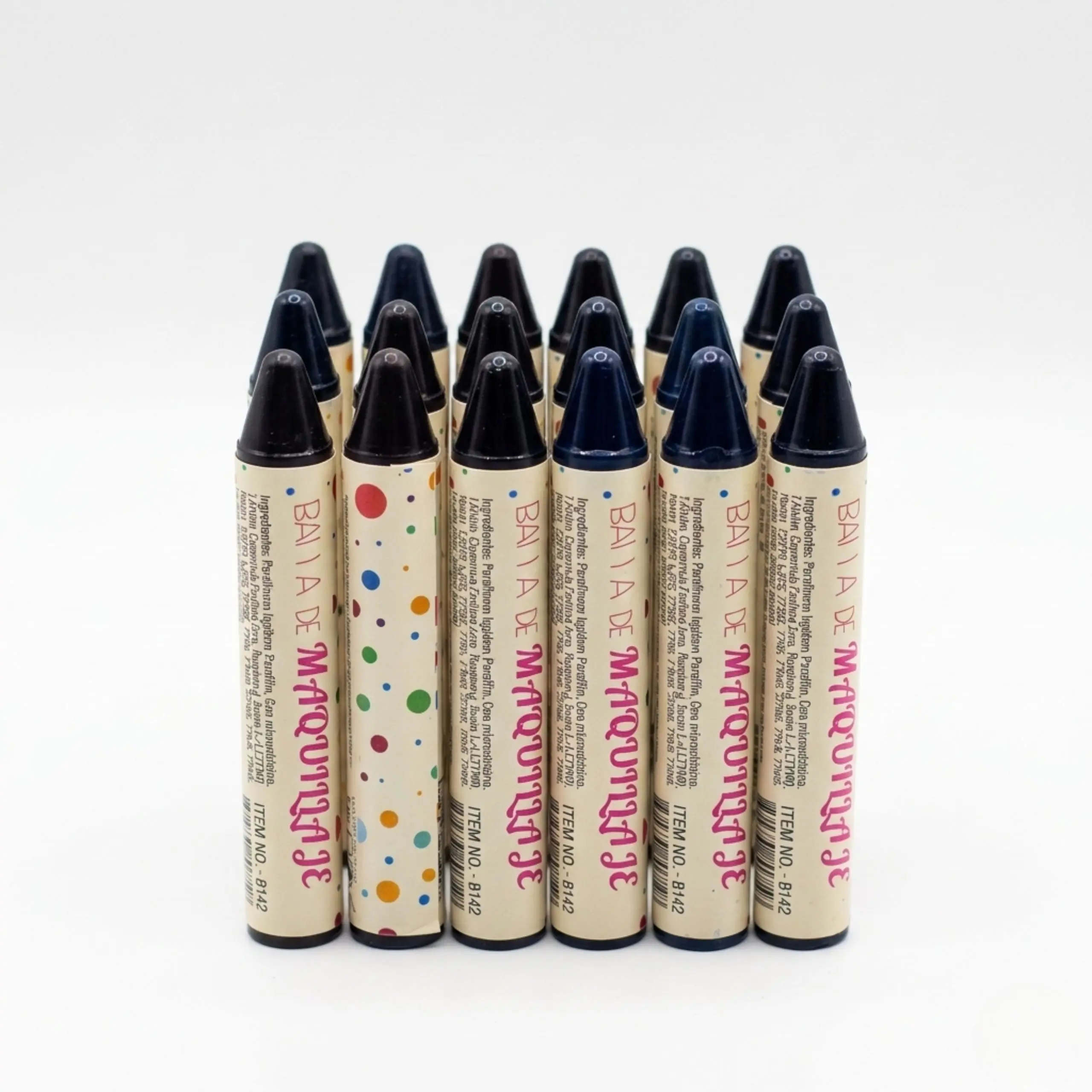 Pack de Barras de Maquillaje de Larga Duración Lote de barras de maquillaje en stick tono negro intenso con diseño de puntos de colores, ideal para uso profesional y personal.