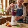 Batidos Saludables y Smoothies Energéticos Hombre añadiendo arándanos y banana a una licuadora Vita-Blend para preparar un smoothie saludable con semillas de chía.