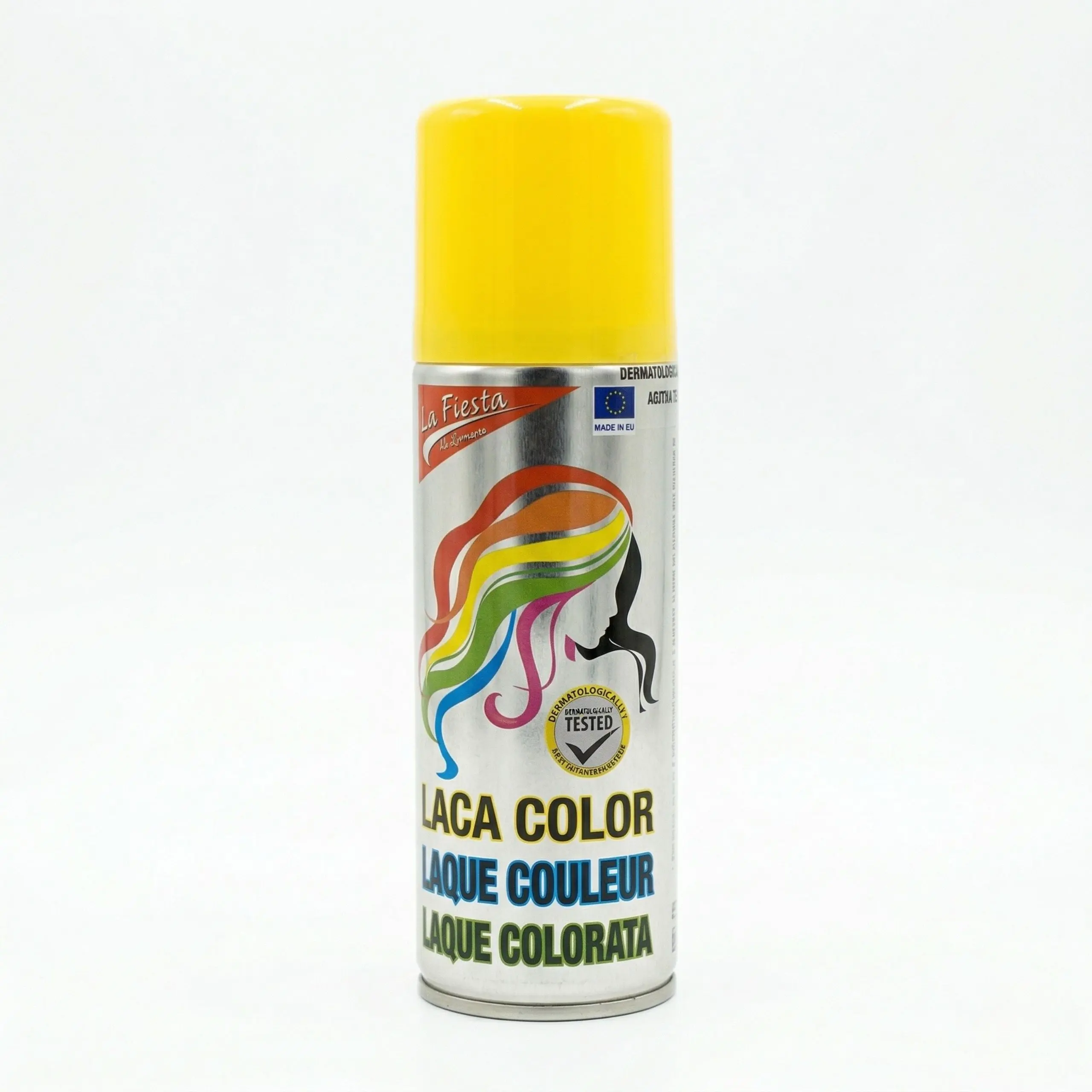 Spray de Color Amarillo Temporal La Fiesta Bote de laca color amarillo para pelo con diseño de silueta de mujer y arcoíris, dermatológicamente testado y fabricado en la UE.