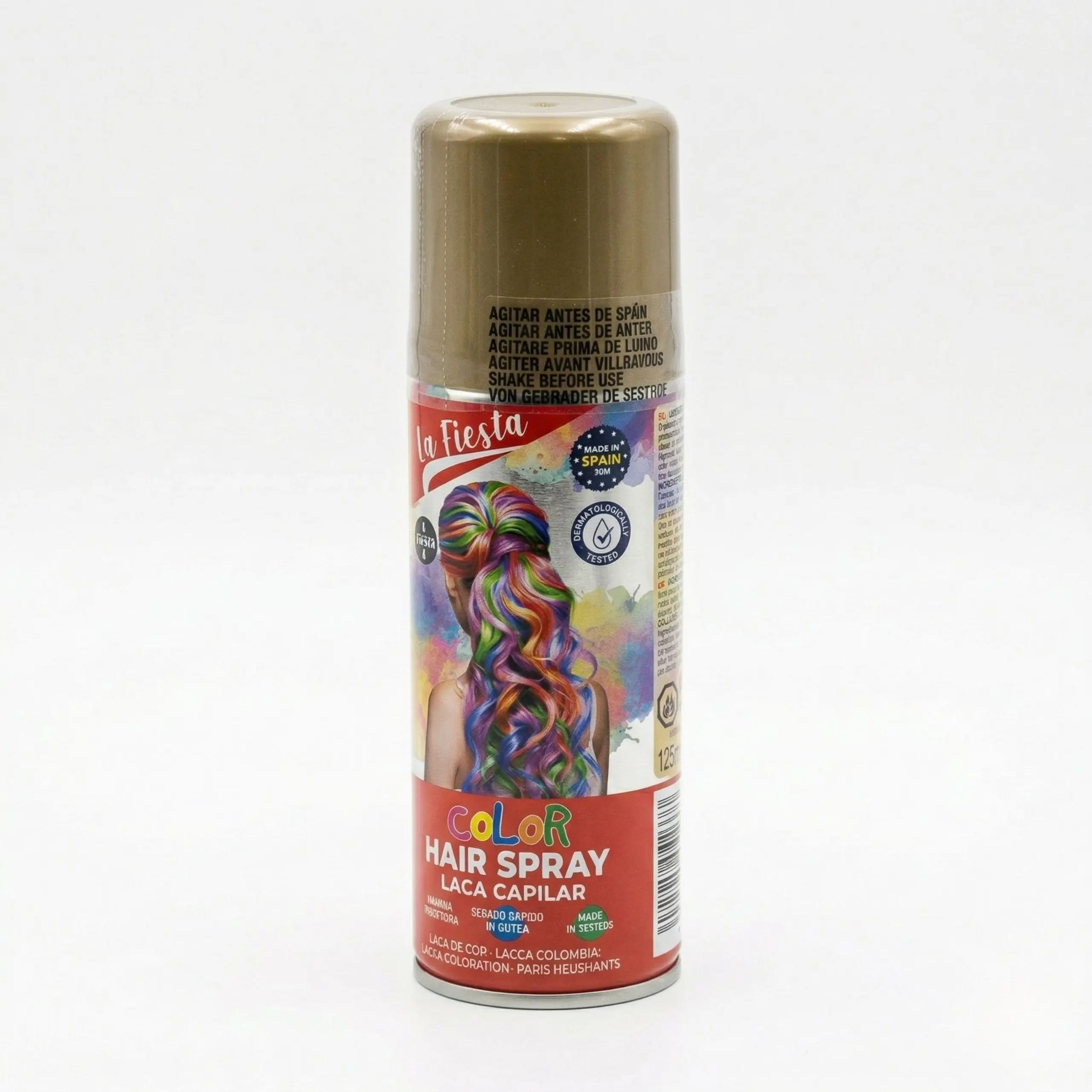 Laca de Color Oro «La Fiesta» – 125ml Bote de spray de color oro para pelo con etiqueta informativa, fabricado en España y dermatológicamente testado.