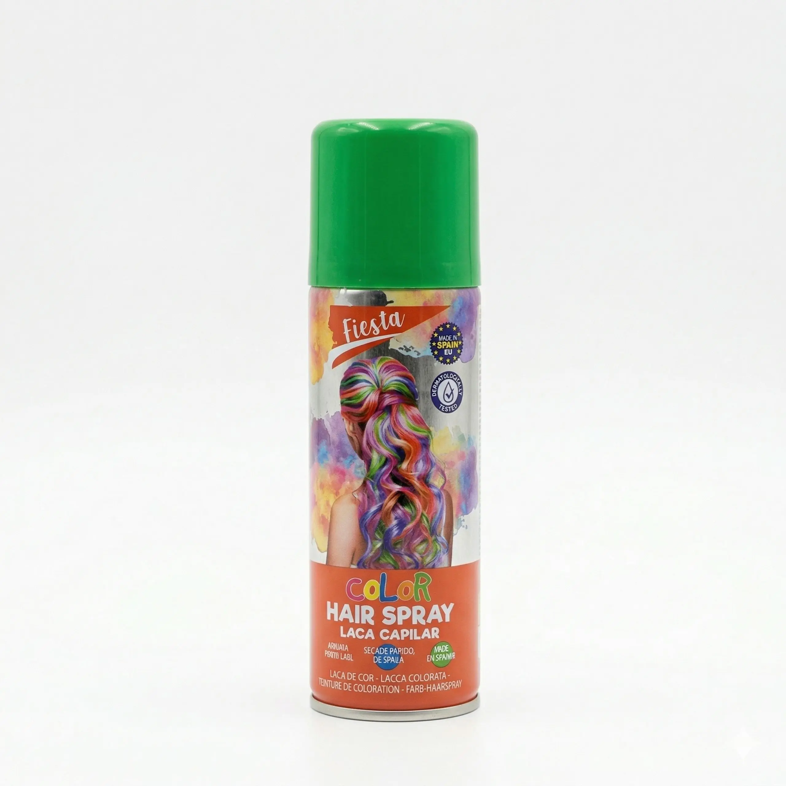 Bote de spray de color verde para el pelo marca Fiesta, laca capilar temporal y lavable con tapa verde sobre fondo blanco.