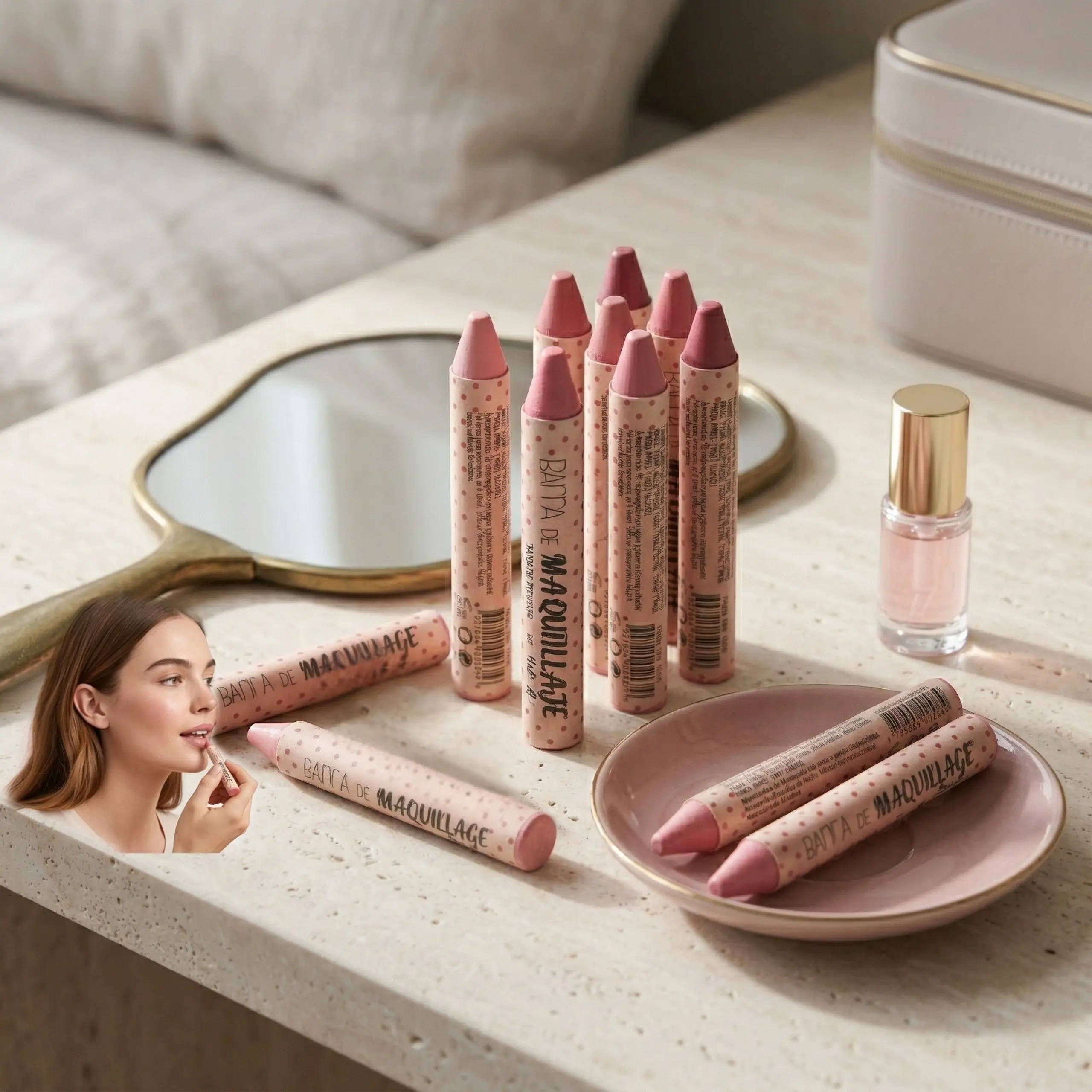 Barras de maquillaje multifunción en un tocador junto a un espejo, destacando su formato práctico para el neceser de diario.