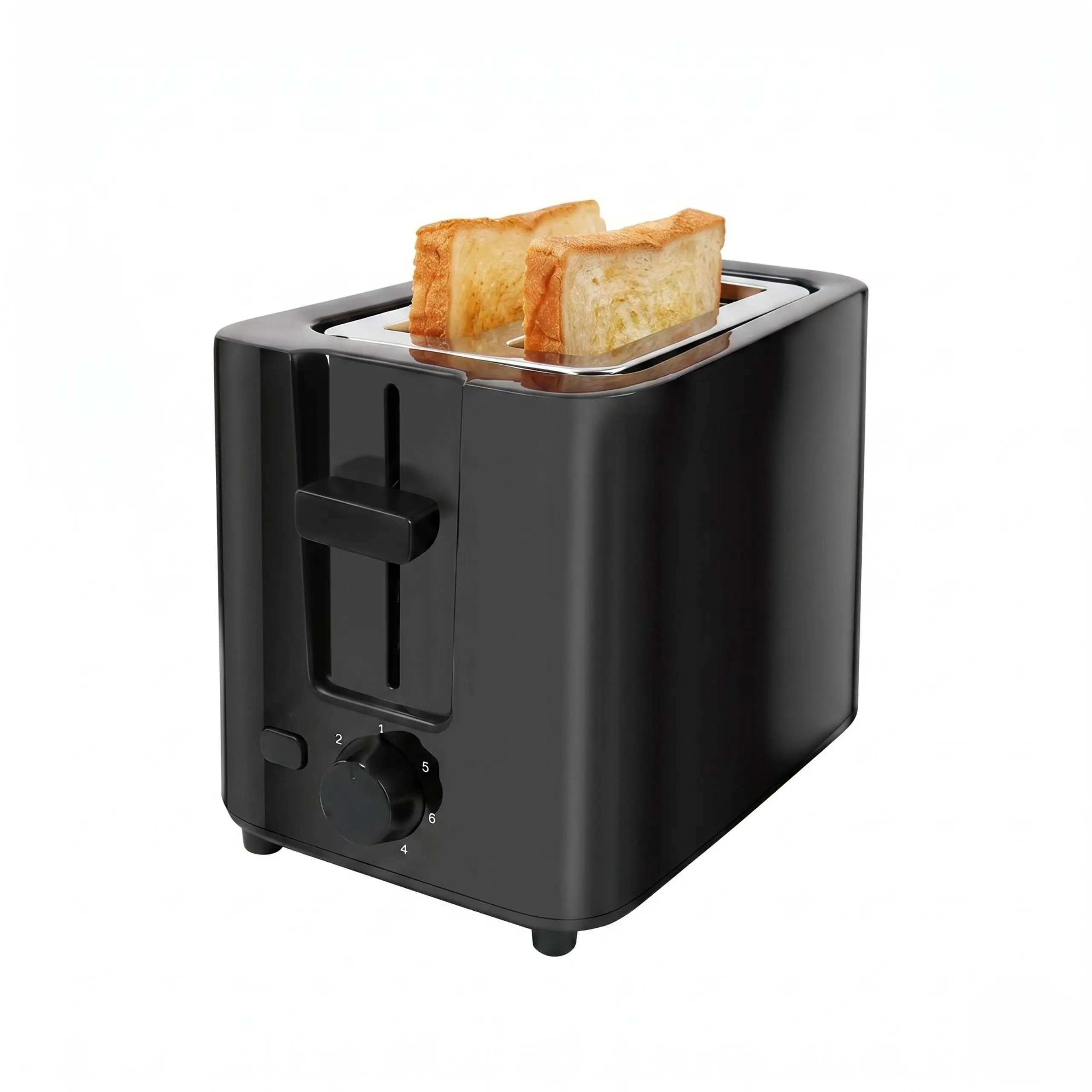 Tostadora Eléctrica de 2 Ranuras ExtraHouse Vista frontal de tostadora eléctrica de 2 ranuras cortas en color negro mate, diseño compacto para ahorrar espacio en la cocina.
