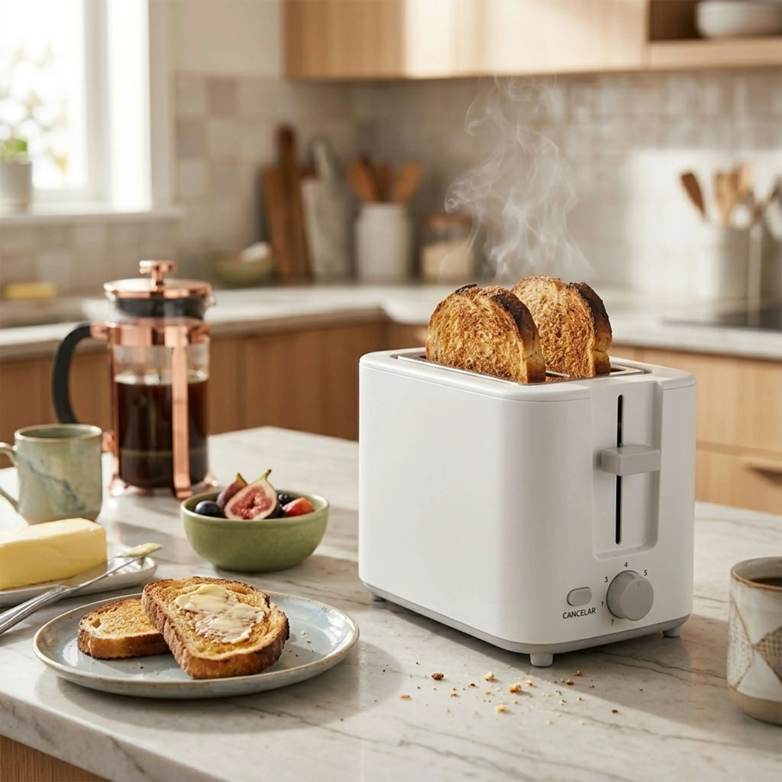 Tostadora Blanca CT-818 Minimalista en Cocina Moderna Tostadora blanca de dos ranuras extra anchas CT-818 en una cocina moderna, tostando pan artesanal para el desayuno junto a una cafetera.