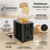Tostadora ExtraHouse 700W con 7 Niveles de Tostado y Ranuras Anchas Tostadora de pan eléctrica ExtraHouse de 700W color negro con dos ranuras anchas de 30mm para pan rústico, selector de 7 niveles de tostado y bandeja recogemigas extraíble.