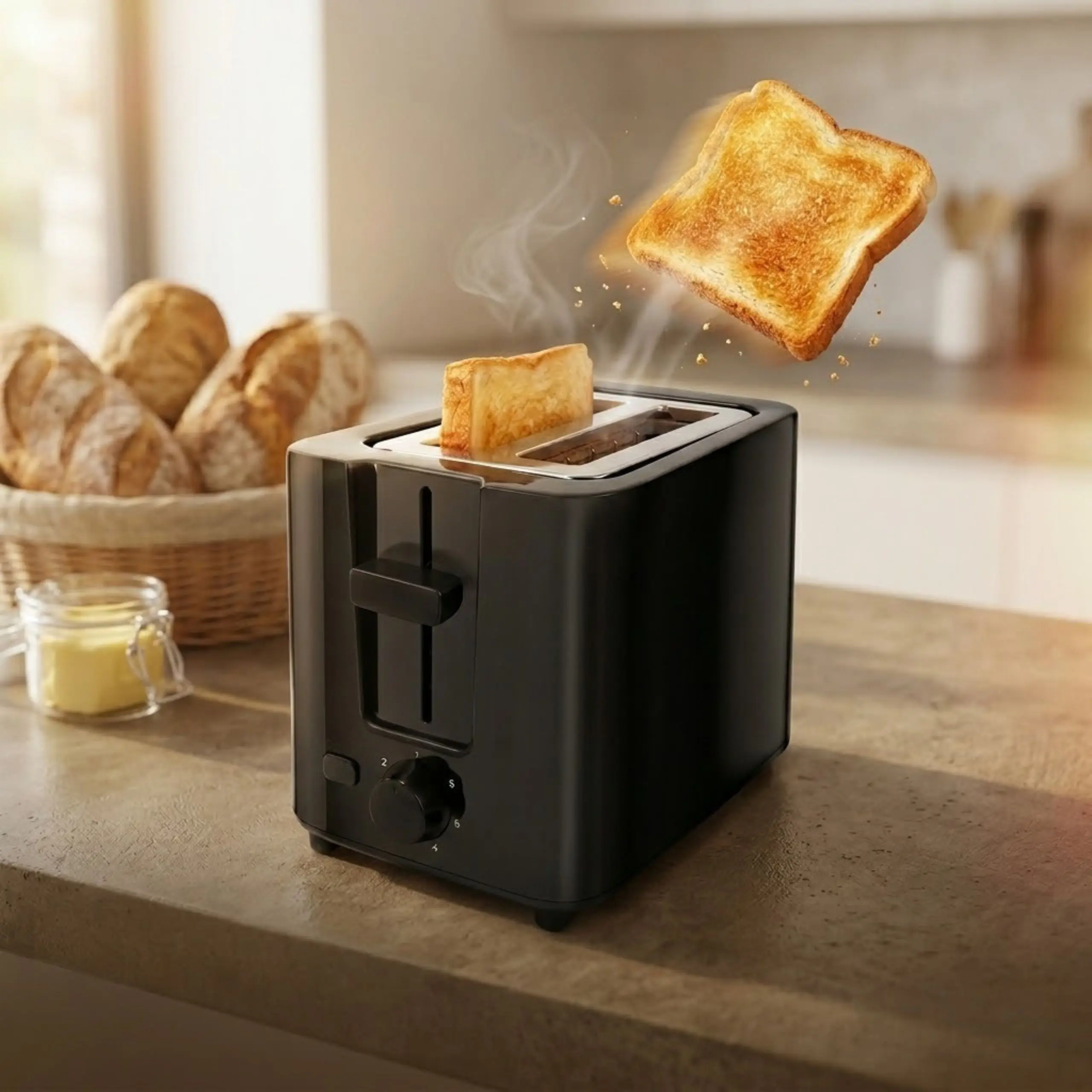 Tostadora ExtraHouse 700W con Salto Automático Tostadora de pan negra de 700W marca ExtraHouse con dos rebanadas de pan tostado saltando mediante el sistema de rebote automático.
