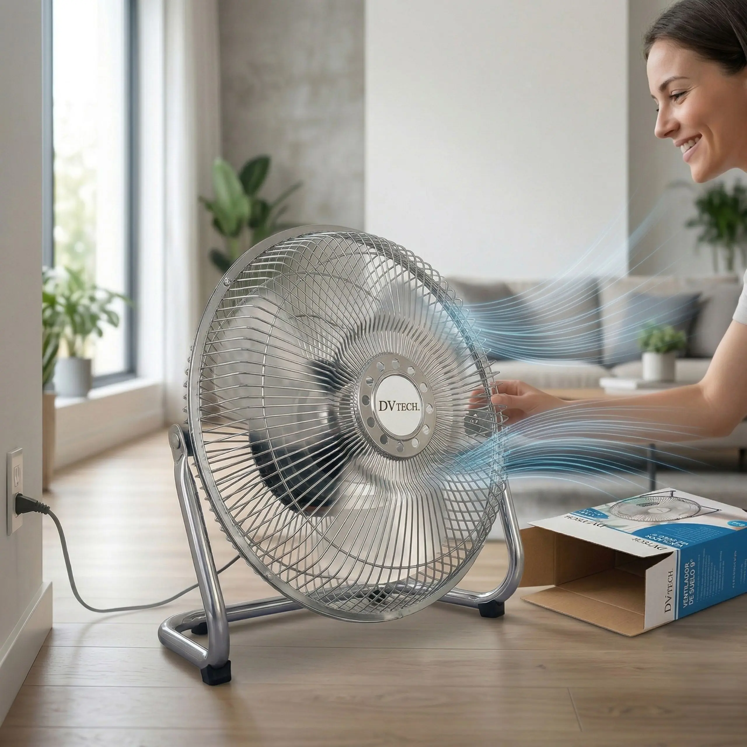 Ajuste de Potencia del Ventilador DV-TECH Mujer ajustando el flujo de aire de un ventilador de suelo metálico DV-TECH recién sacado de su caja original.