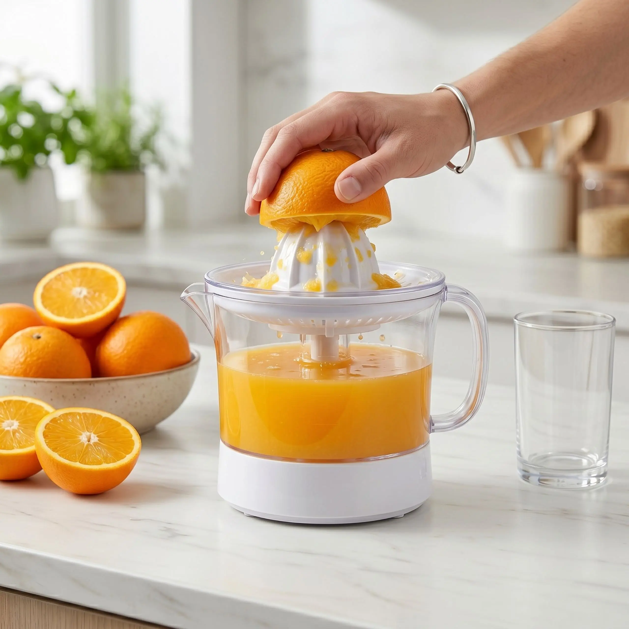 Mano presionando media naranja sobre un exprimidor eléctrico en una cocina moderna, preparando zumo fresco directamente en la jarra.